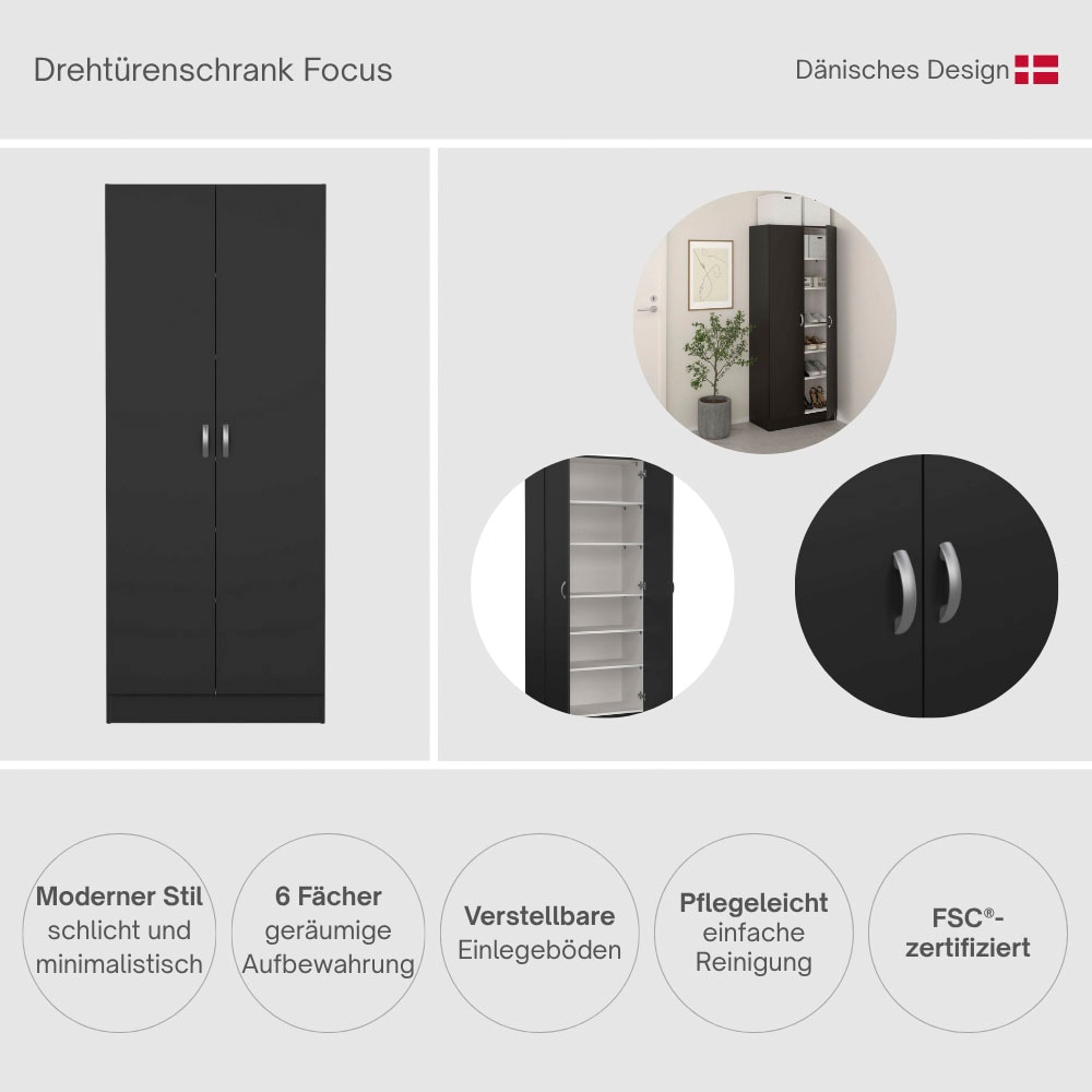 INOSIGN Drehtürenschrank »Focus, Kleiderschrank, Stauraum« mit 2 Türen und 5 Einlegeböden, Breite 69 cm, Höhe 170 cm
