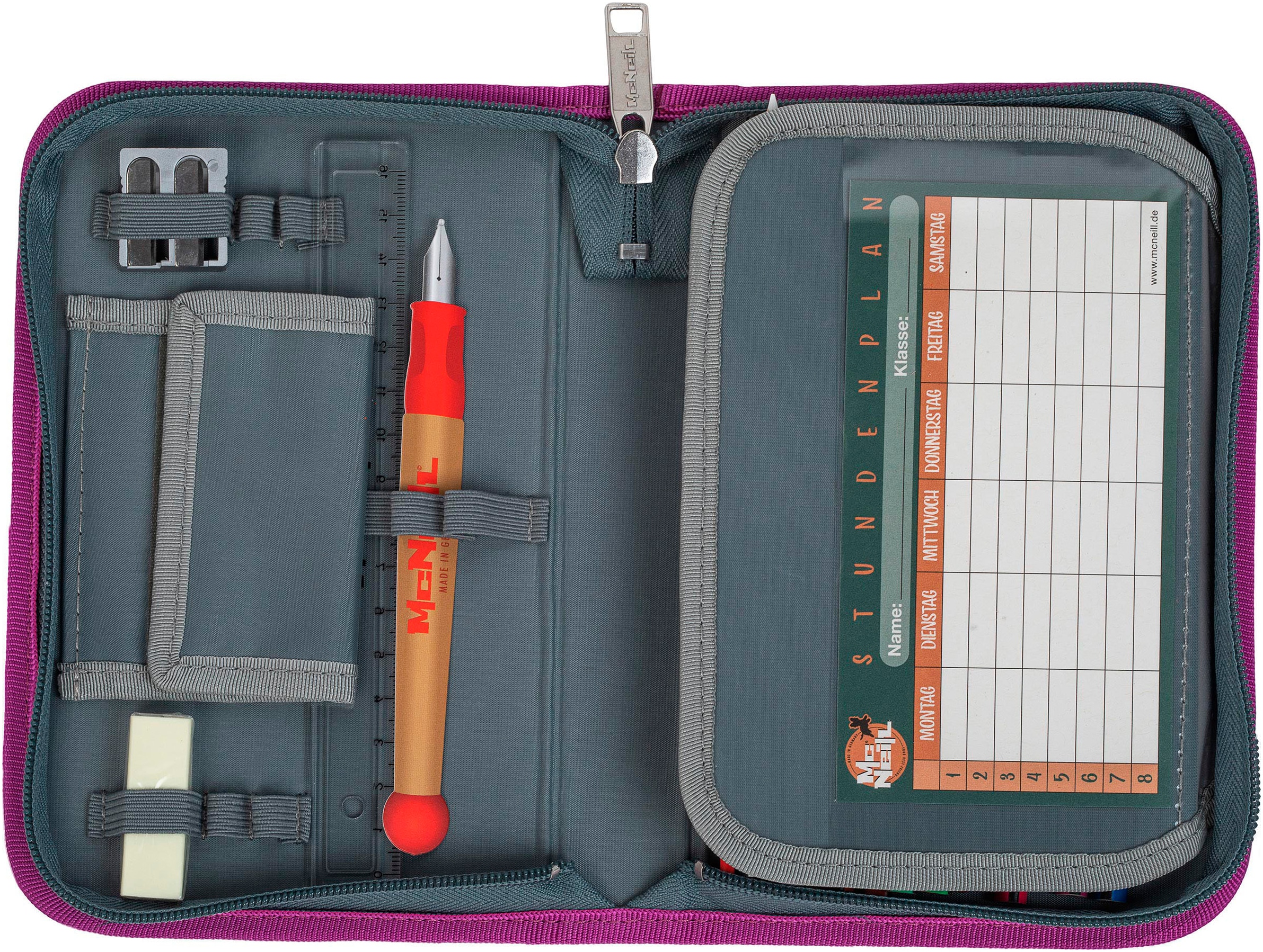 McNeill Schulranzen »Ergo Compacto, Pinky«, reflektierende Streifen auf den Schultergurten-retroreflektierende Flächen, inkl. Federmäppchen, Turnbeutel, Schlamperrolle & Motivmagnet