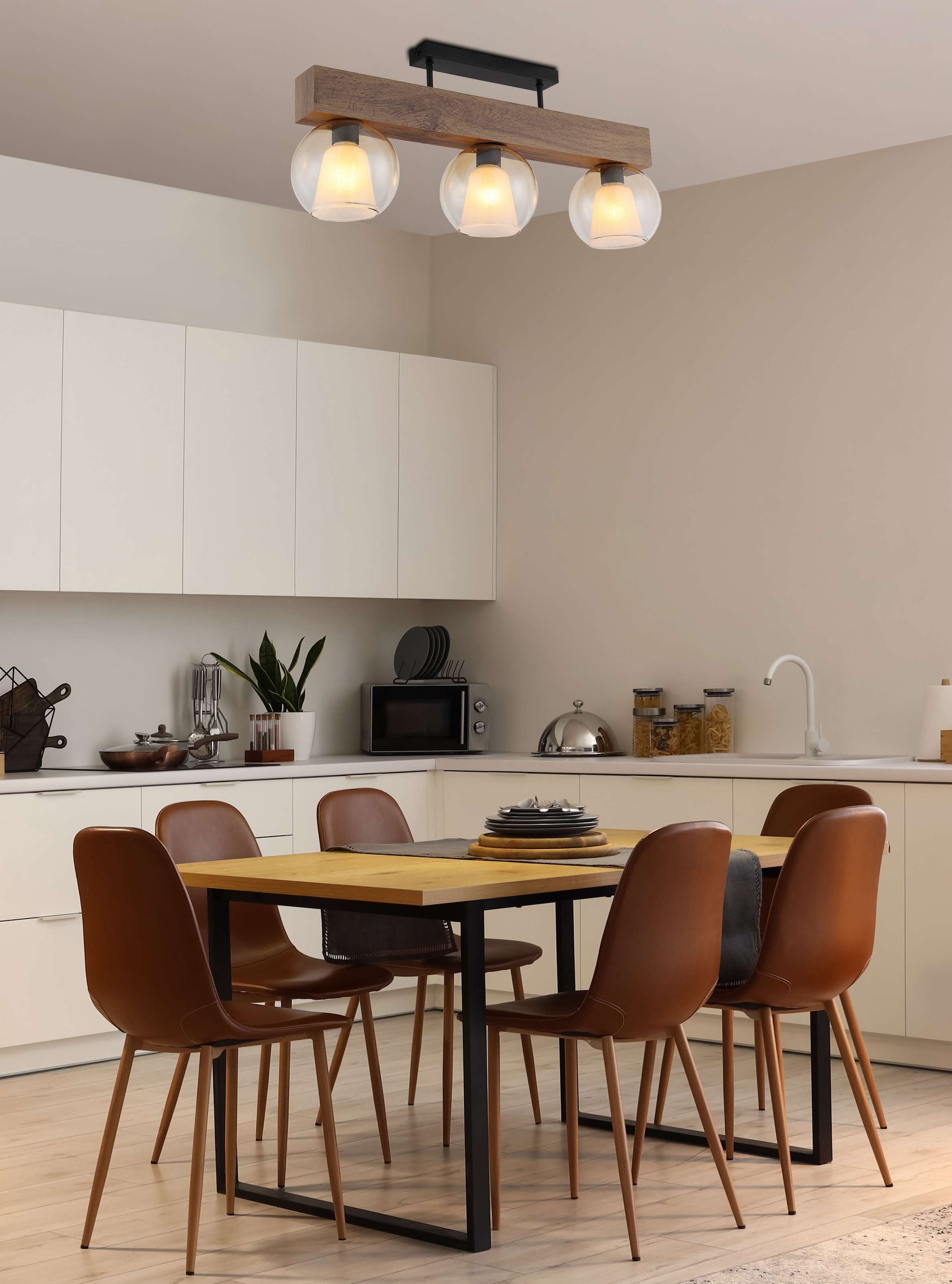 GLOBO LIGHTING Deckenleuchte »BARRY I«, Leuchtmittel E27 | ohne Leuchtmittel, Deckenlampe/holzoptik/Glas amber/Glaskristalle/Innenglas