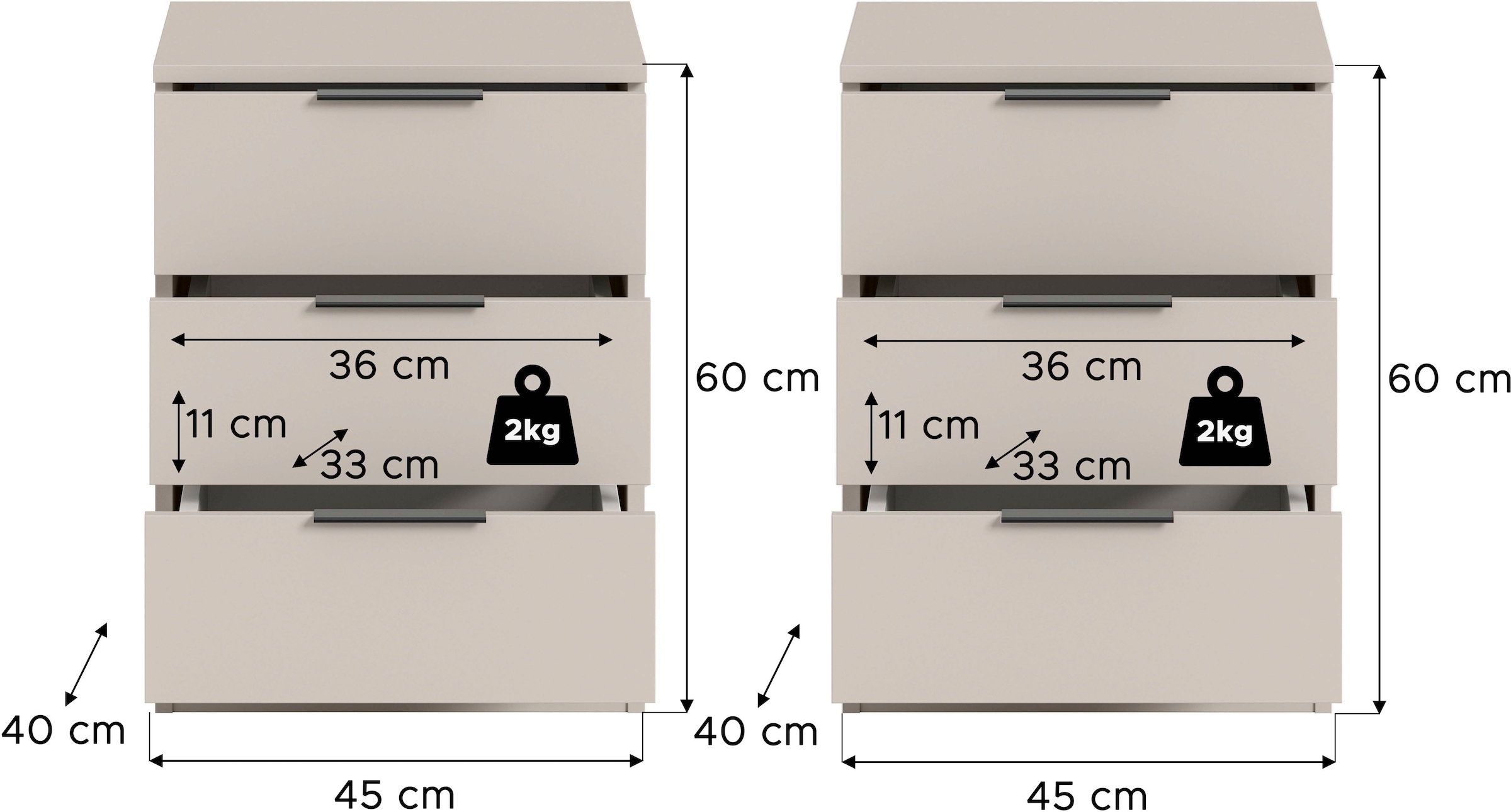 Home affaire Nachtkommode »Skarde 2 Nachttische, jeweils Breite: 45 cm« Set, Sie bekommen 2  Nachttische im Set, 2 Stk. tlg. Skarde, 2er Set Nachtkommoden, 3 Schubkästen, kashmir