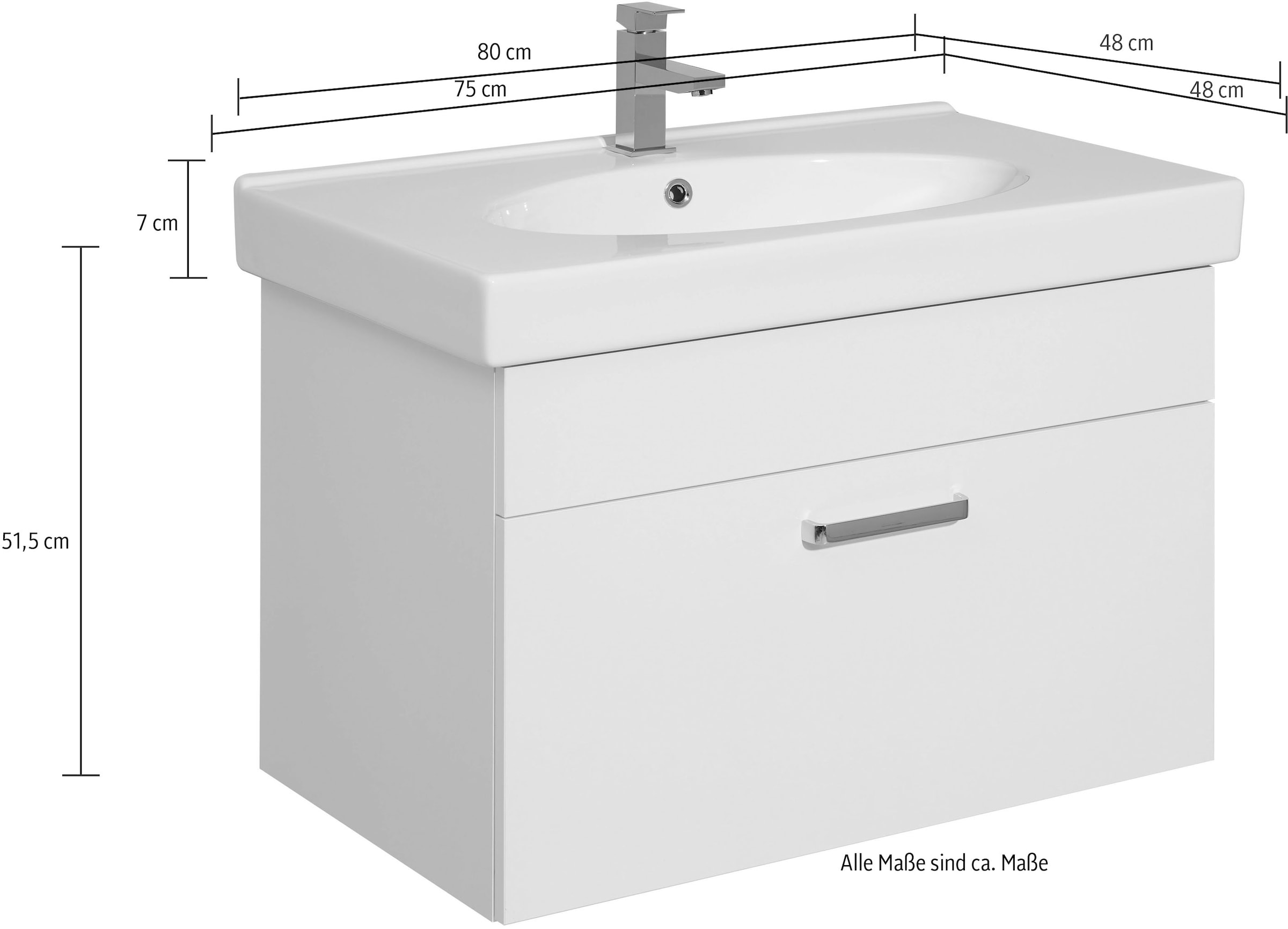 Saphir Badmöbel-Set »Quickset 312 5-teilig, Keramik-Waschtisch und LED-Spiegelschrank«, (Set, 5 St.), inkl. Türdämpfer, Hochschrank, 2 Unterschränke, 6 Türen, 3 Schubladen