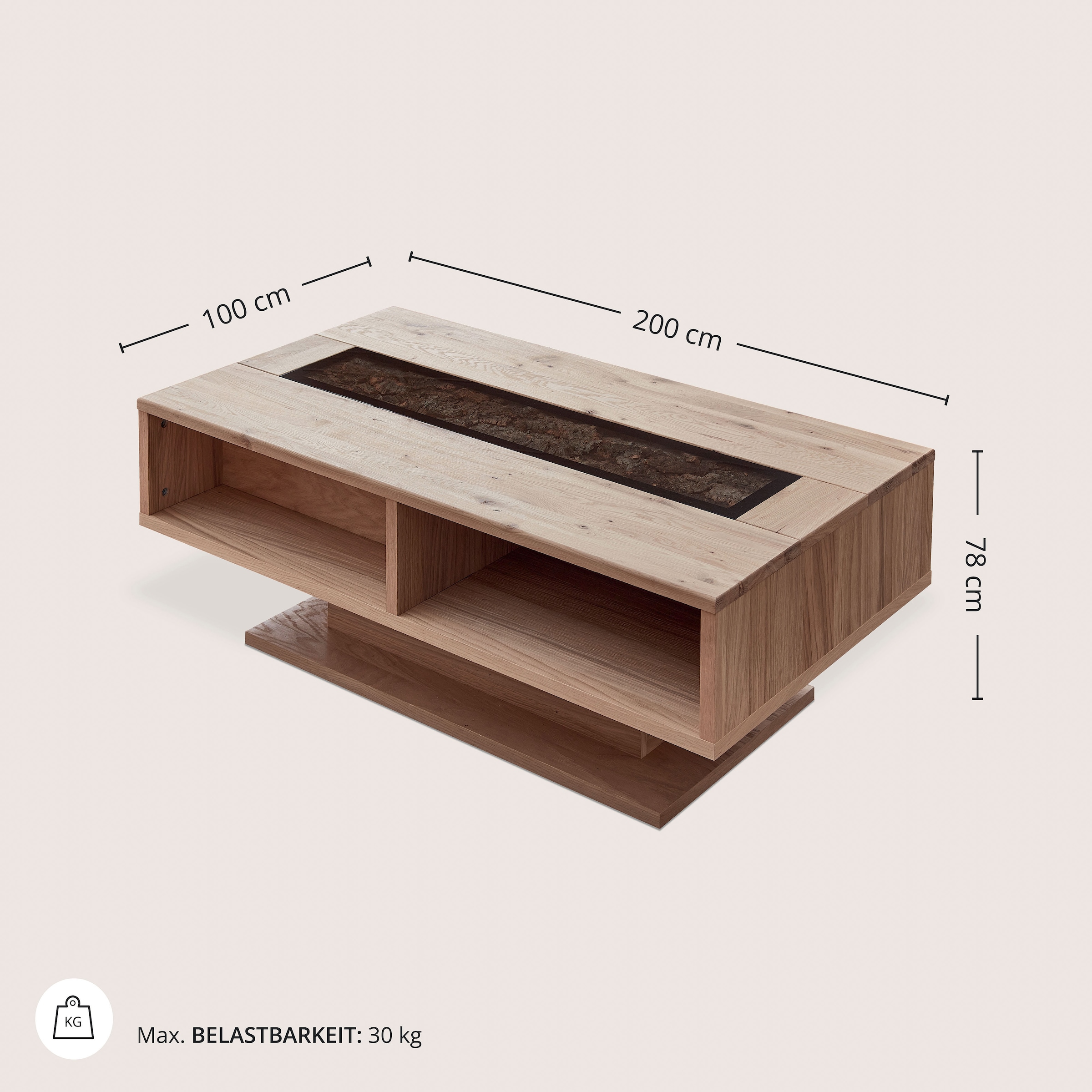 Wohnconcept Couchtisch »Donna Couchtisch, 115x43x65 (BxHxT)« 1 Stk. tlg. Massivholz, Absetzung Echtkork gerundet, 4 offene Fächer