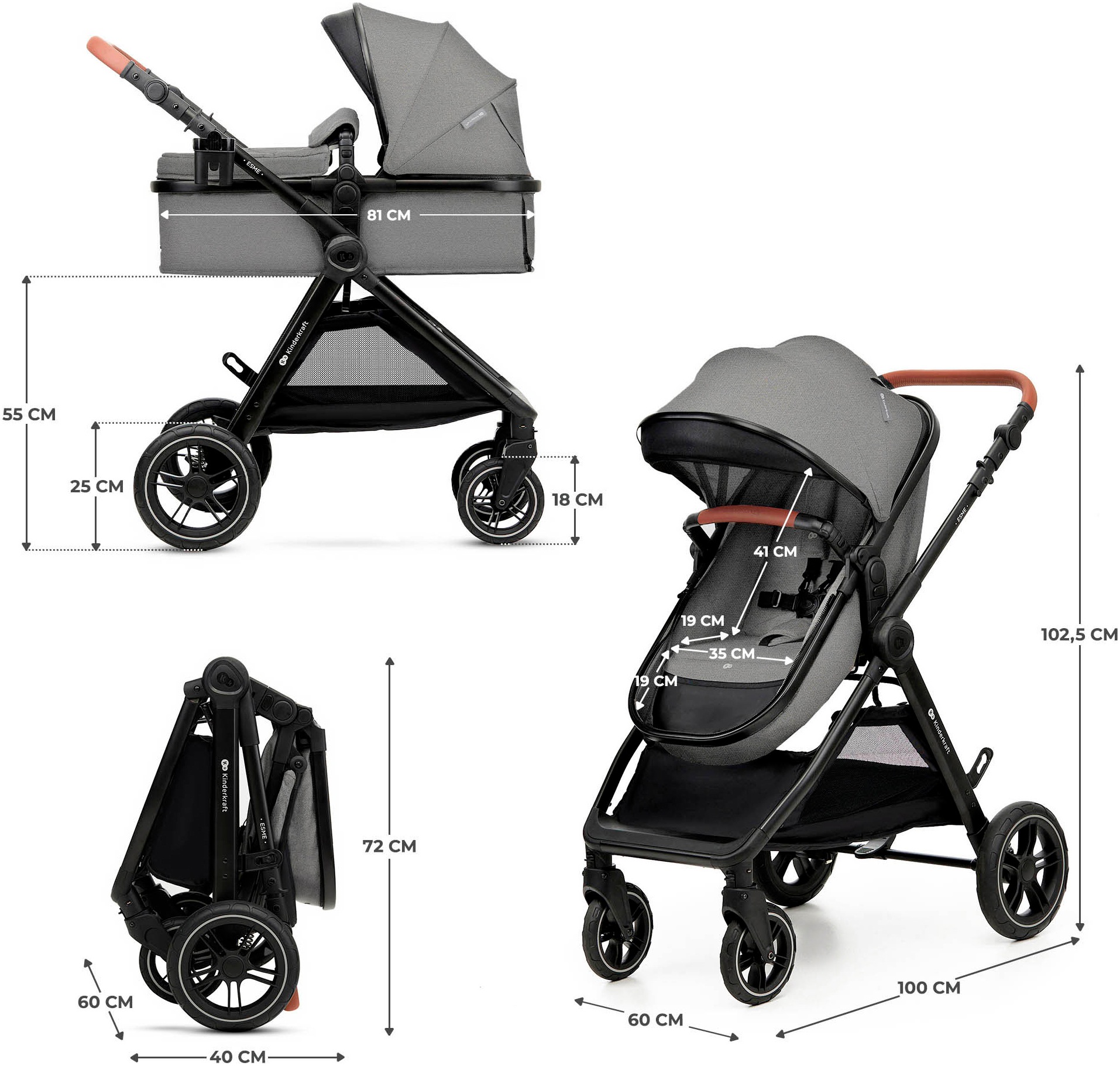 Kinderkraft Kombi-Kinderwagen »ESME 3IN1« 25 kg inkl. Babyschale MINK PRO 2 i-Size (40–87 cm)