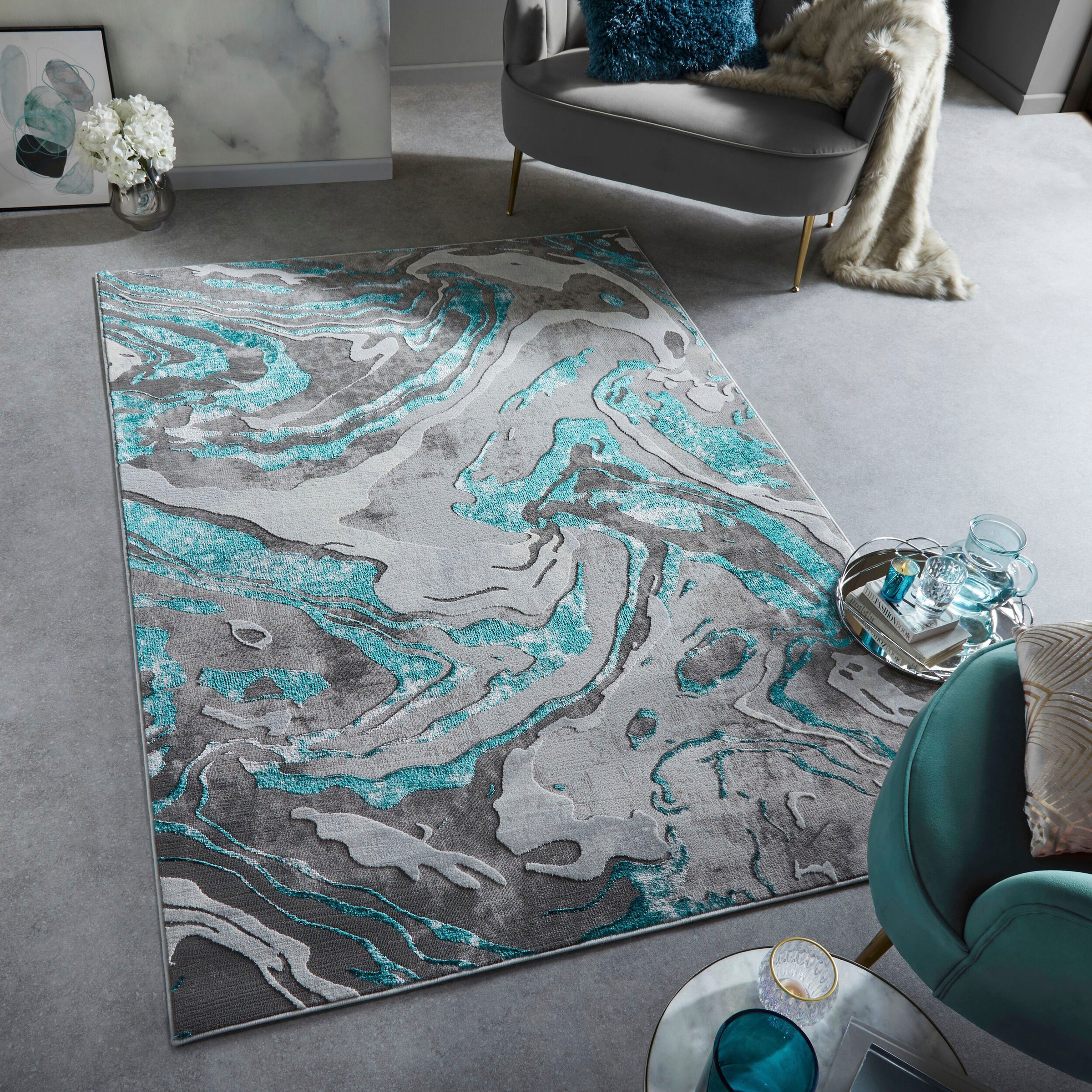 FLAIR RUGS Teppich »Marbled«, rechteckig, 12 mm Höhe, dezenter Glanz, mehrfarbig, modernes Marmor-Design