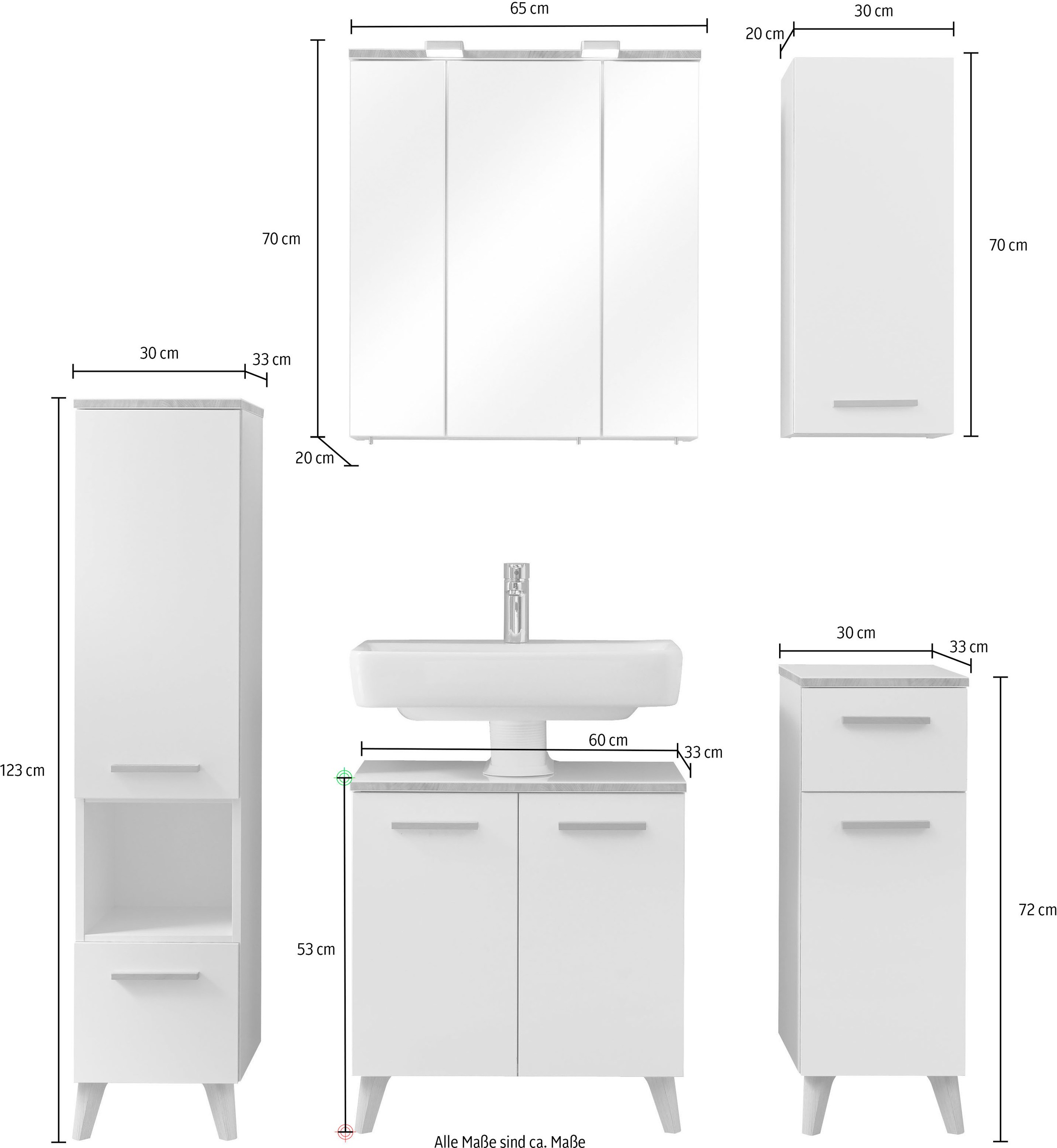 Saphir Badmöbel-Set »Quickset 931 5-teilig, Waschbeckenunterschrank und LED-Spiegelschrank«, (Set, 5 St.), Weiß Glanz, inkl. Türdämpfer, ohne Waschbecken, 8 Türen, 2 Schubladen