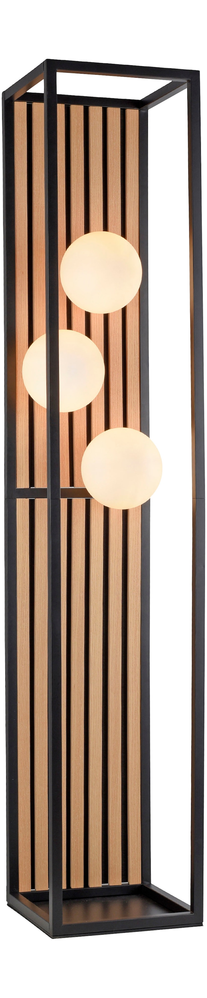 Leonique Stehlampe »Erinette Akustikpaneele mit Glaskugeln«, 3 flammig, Leuchtmittel E14 | ohne Leuchtmittel-Leuchtmittel wechselbar, Holz, Akustik, Paneele, Glas, opal matt weiß, Stehleuchte, Fußschalter