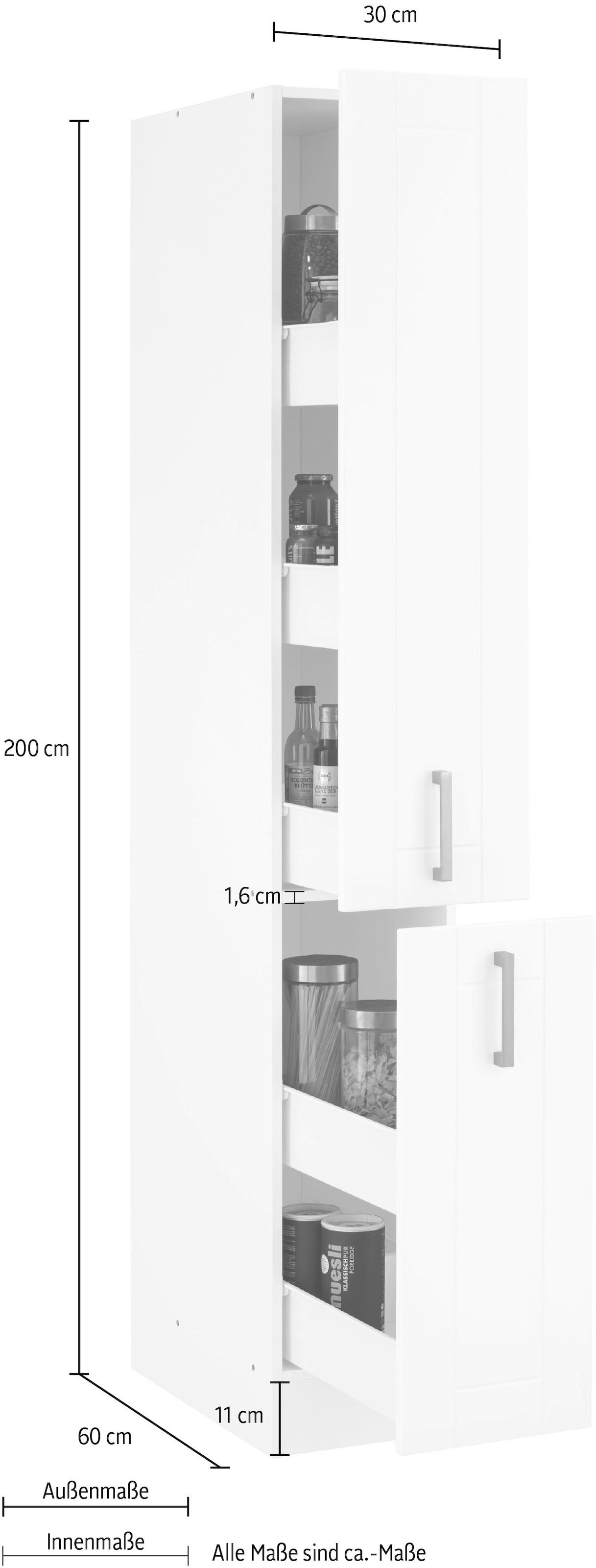 online »Tinnum«, hoch, HELD bestellen MÖBEL Apothekerschrank 200 cm Auszüge breit, 30 Fronten, Metallgriffe, cm MDF