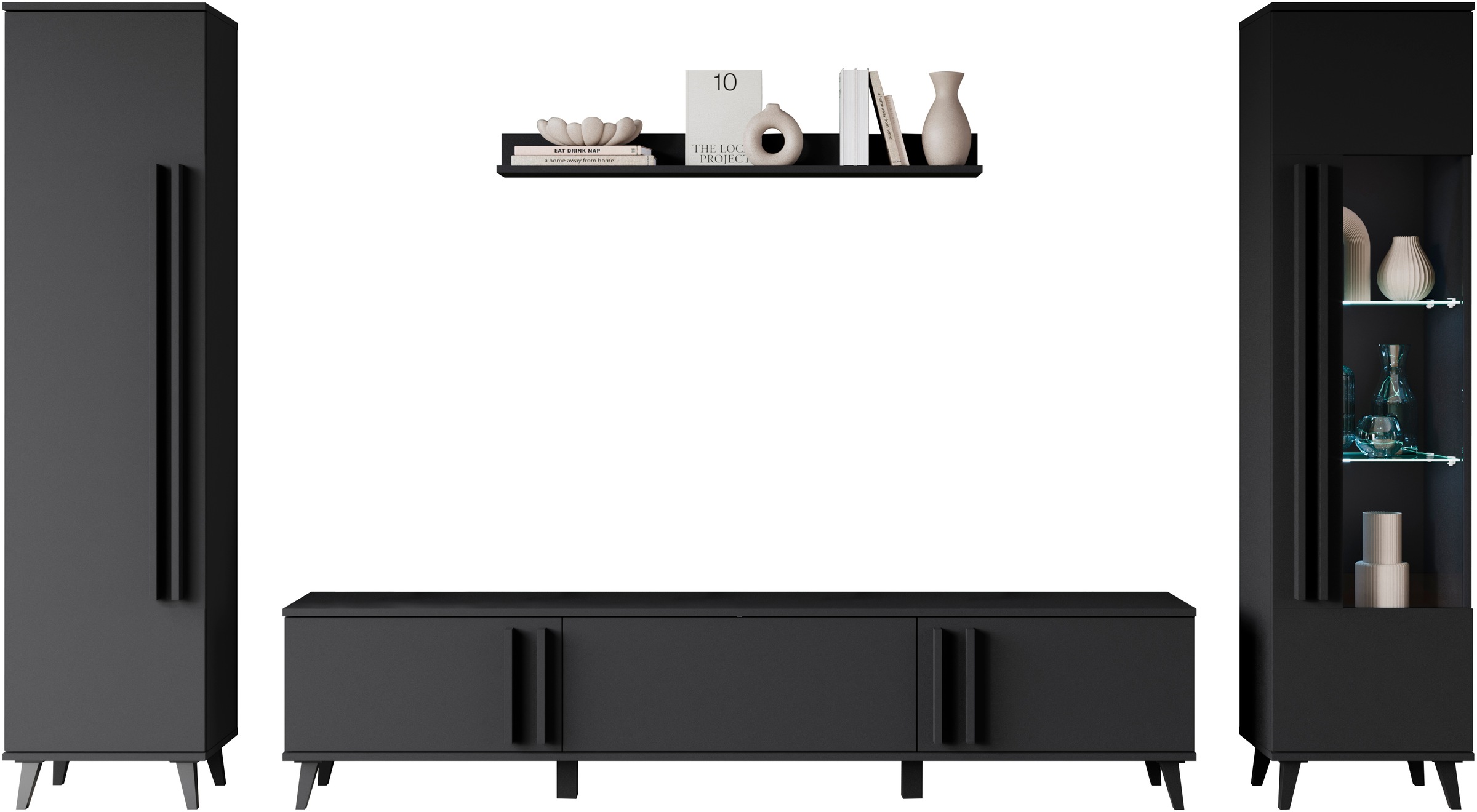 INOSIGN Wohnwand »Helsinki, Modernes Set mit verglaster Vitrine«, (Komplett-Set, 4 St.), mit lamellengriffen, verstellbaren Einlegeböden und Kunststofffüßen