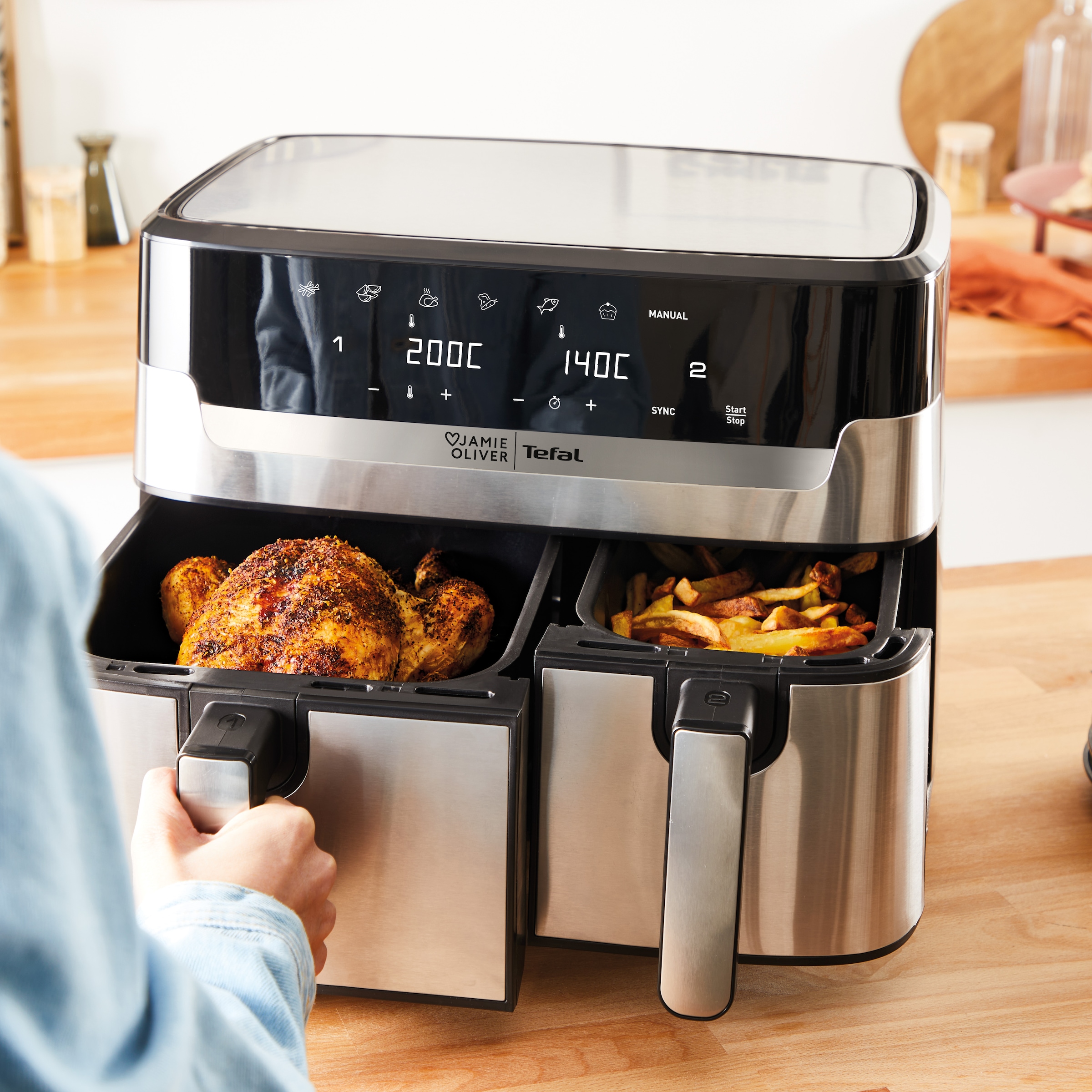 Tefal Heißluftfritteuse »Jamie Oliver by Tefal EY90JDE Dual Easy Fry & Grill«, 2700 W, Doppelkammer, 2 unabhängige Garzonen, 8 automatische Programme, 8,3 L