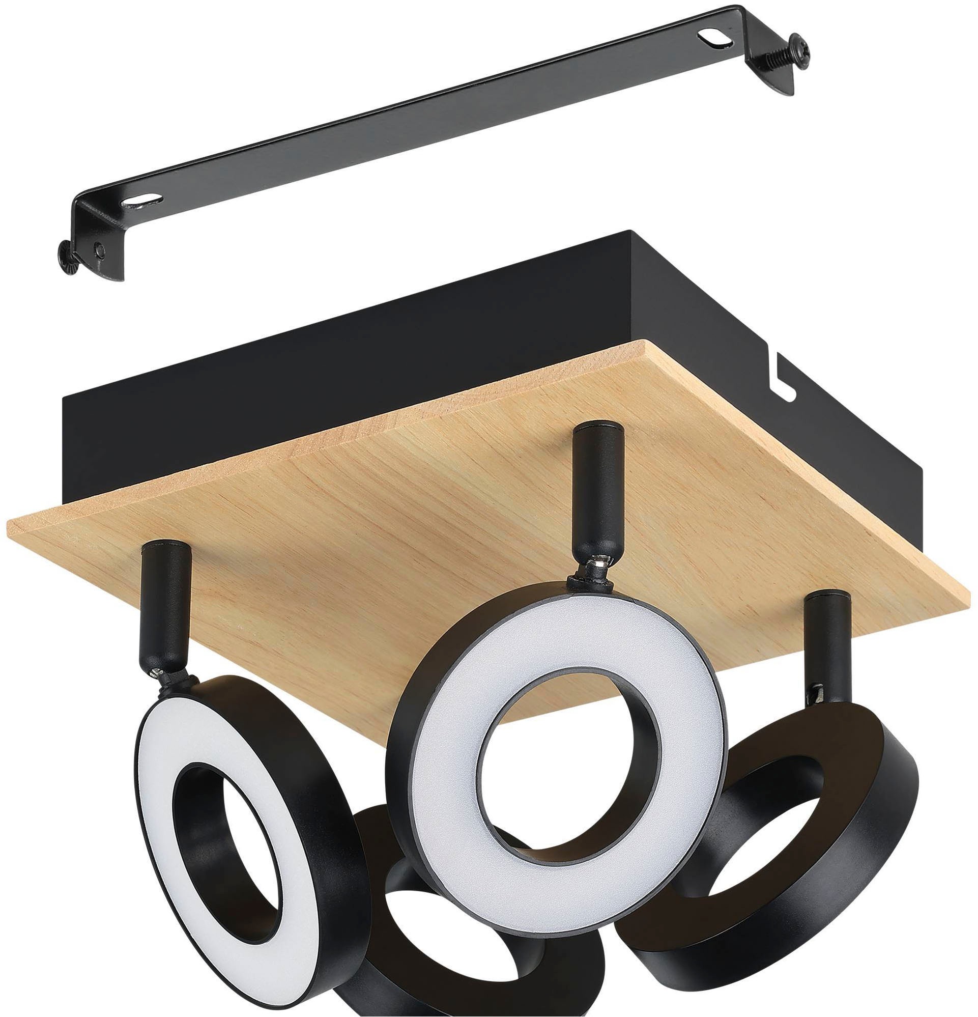 EGLO Deckenleuchte »Rielves Deckenlampe, Holz und Metall, Spotbalken schwenkbar, Lampe« LED-Modul 1 Stk. Warmweiß Spot - L17 x B17 x H17,5 cm - braun, schwarz - 4X4,2W inkl.