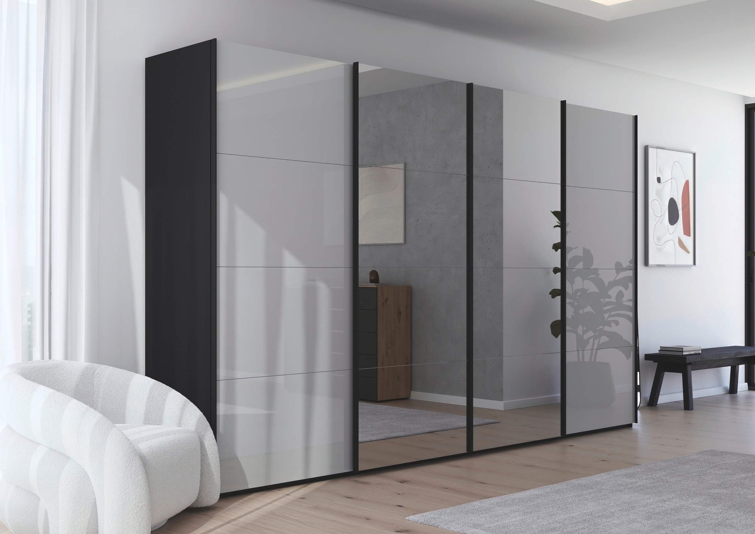 rauch Schwebetürenschrank »Kleiderschrank Schrank Garderobe Schlafzimmerschrank SCALE-FYRA«, edle viergeteilte Türen Spiegel/Glas-Mix viele Farben MADE IN GERMANY