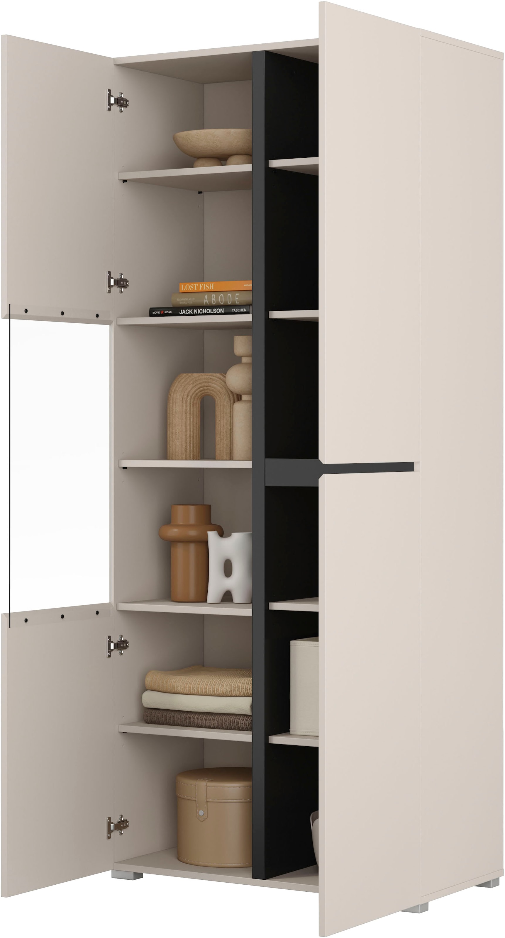 OTTO home Vitrine »Cross, Höhe 183,5 cm, moderne grifflose Standvitrine mit 3 Türen« Hochschrank mit viel Stauraum, Glastür und verstellbaren Einlegeböden