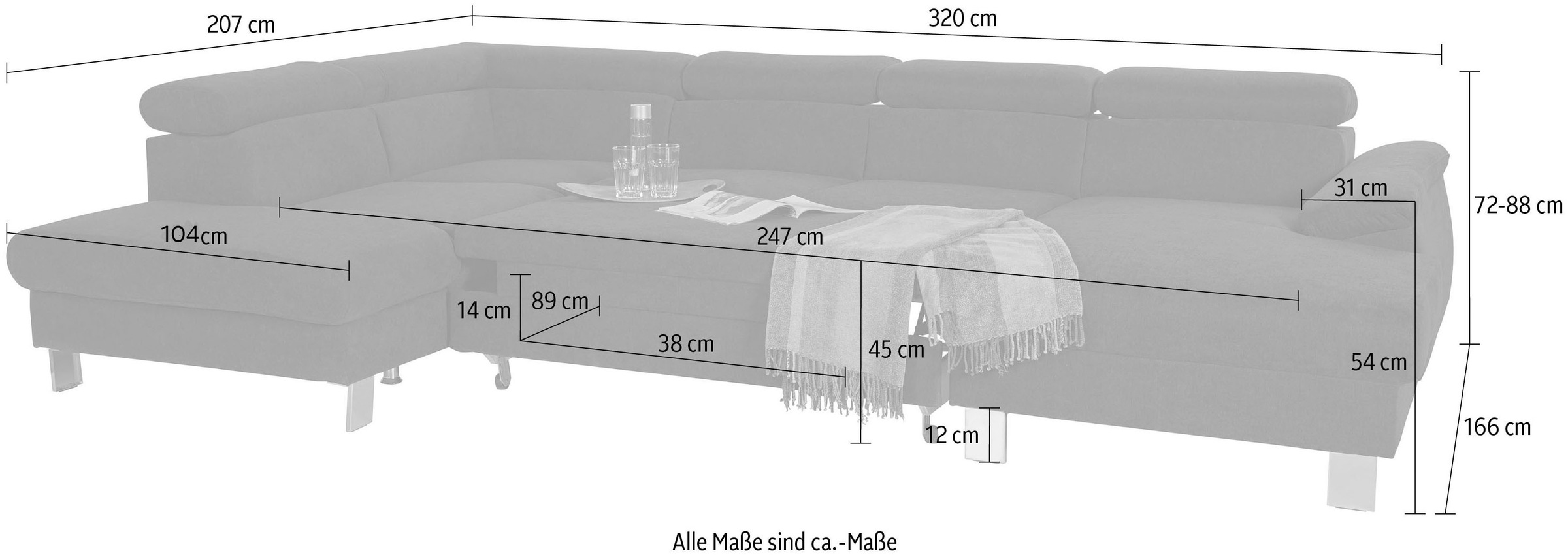 COTTA Wohnlandschaft »Komaris U-Form mit Kopfteilverstellung«, wahlweise mit Bettfunktion, Bettkasten & Beleuchtung
