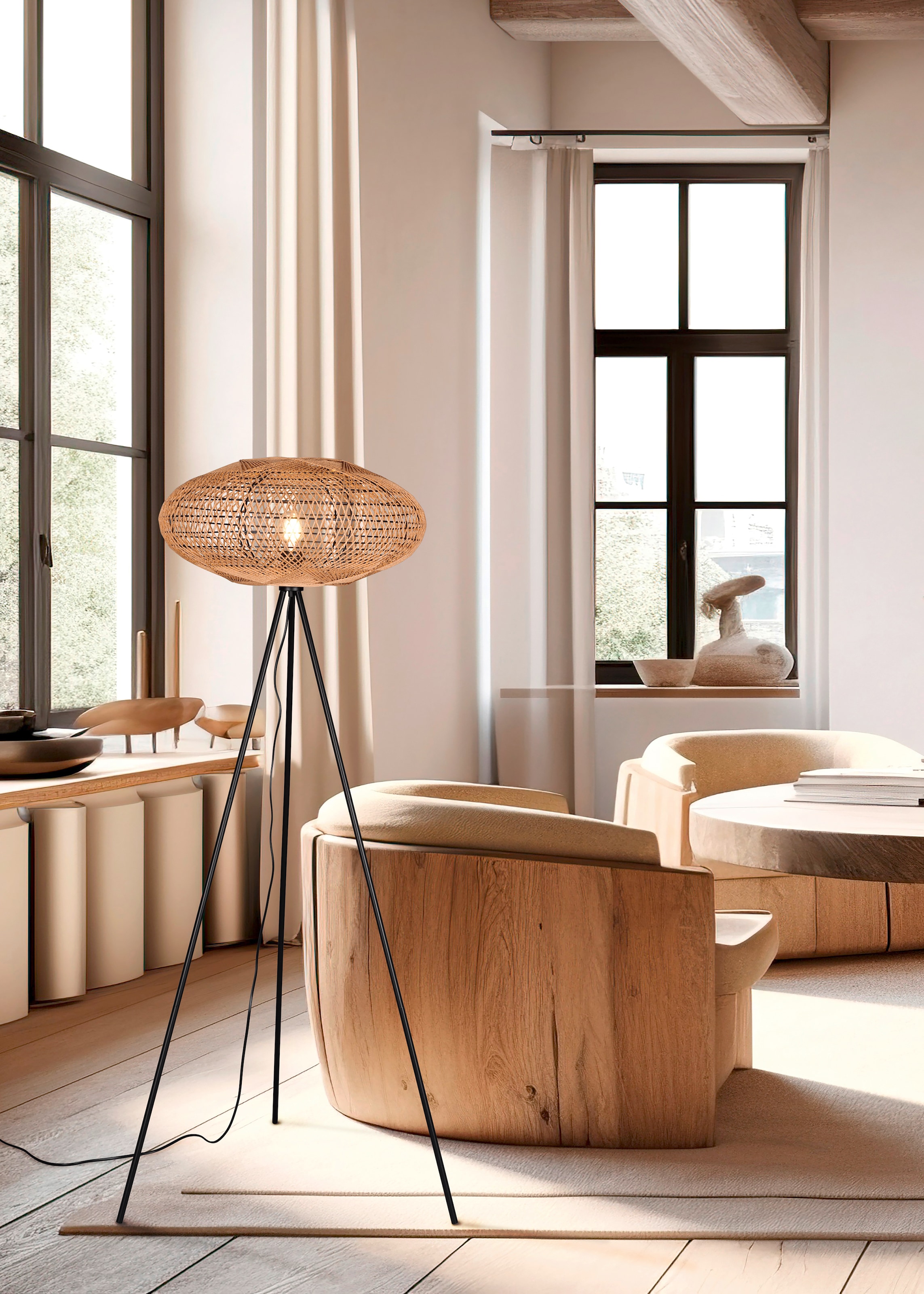 TRIO Leuchten Stehlampe »HEDDA, Dreibein Stehleuchte mit Sisal Schirm, exkl 1xE27 max 40W«, 1 flammig, Leuchtmittel E27 | Leuchtmittel wechselbar, Stehlampe 150cm mit Fußschalter, Sisalgeflecht Leuchtmittel wechselbar