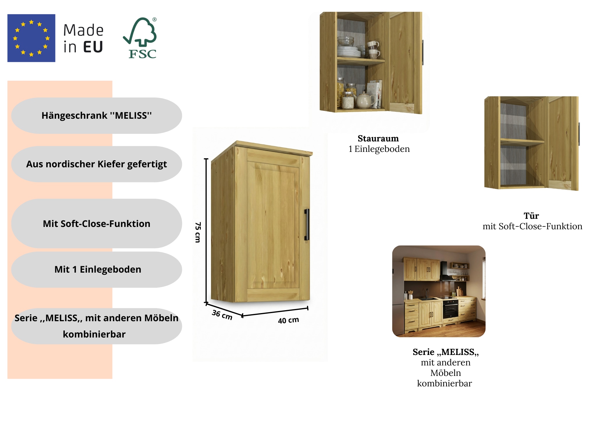 Home affaire Hängeschrank »Meliss« aus massiver Kiefer, Breite 40 cm, Soft-Close-Funktion