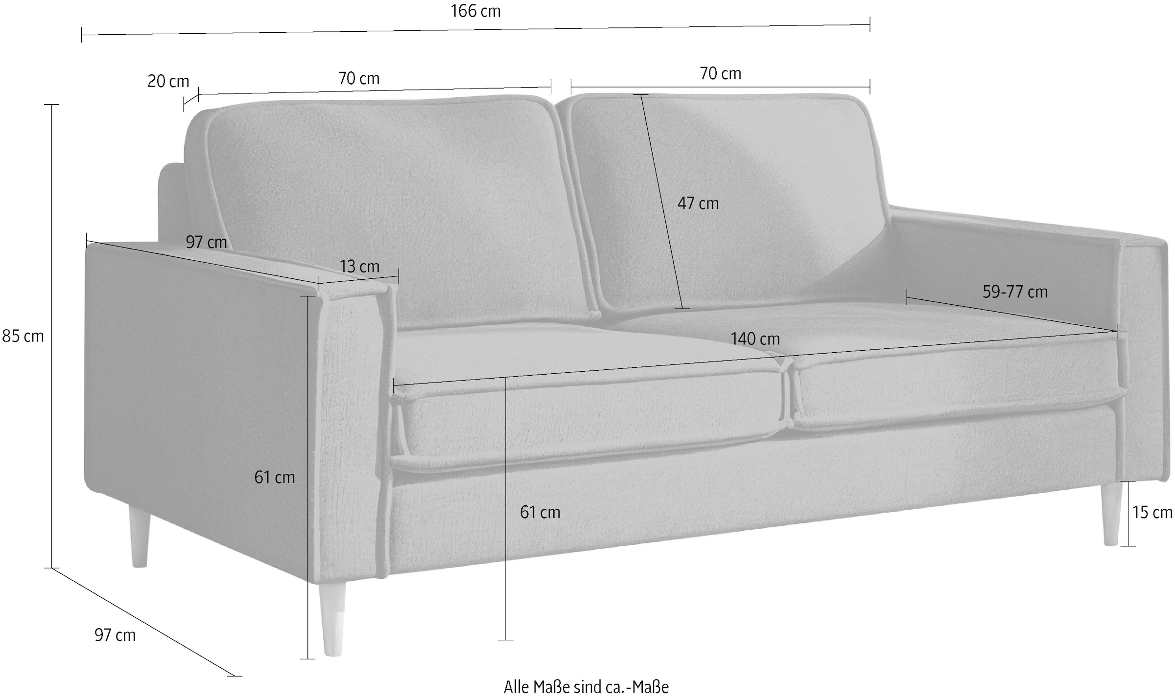 Home affaire 2-Sitzer »Pinto Skandi, 166 cm, Chenille, Struktur« mit Keder, Massivholzfüße Eiche geräuchert, Wellenunterfederung