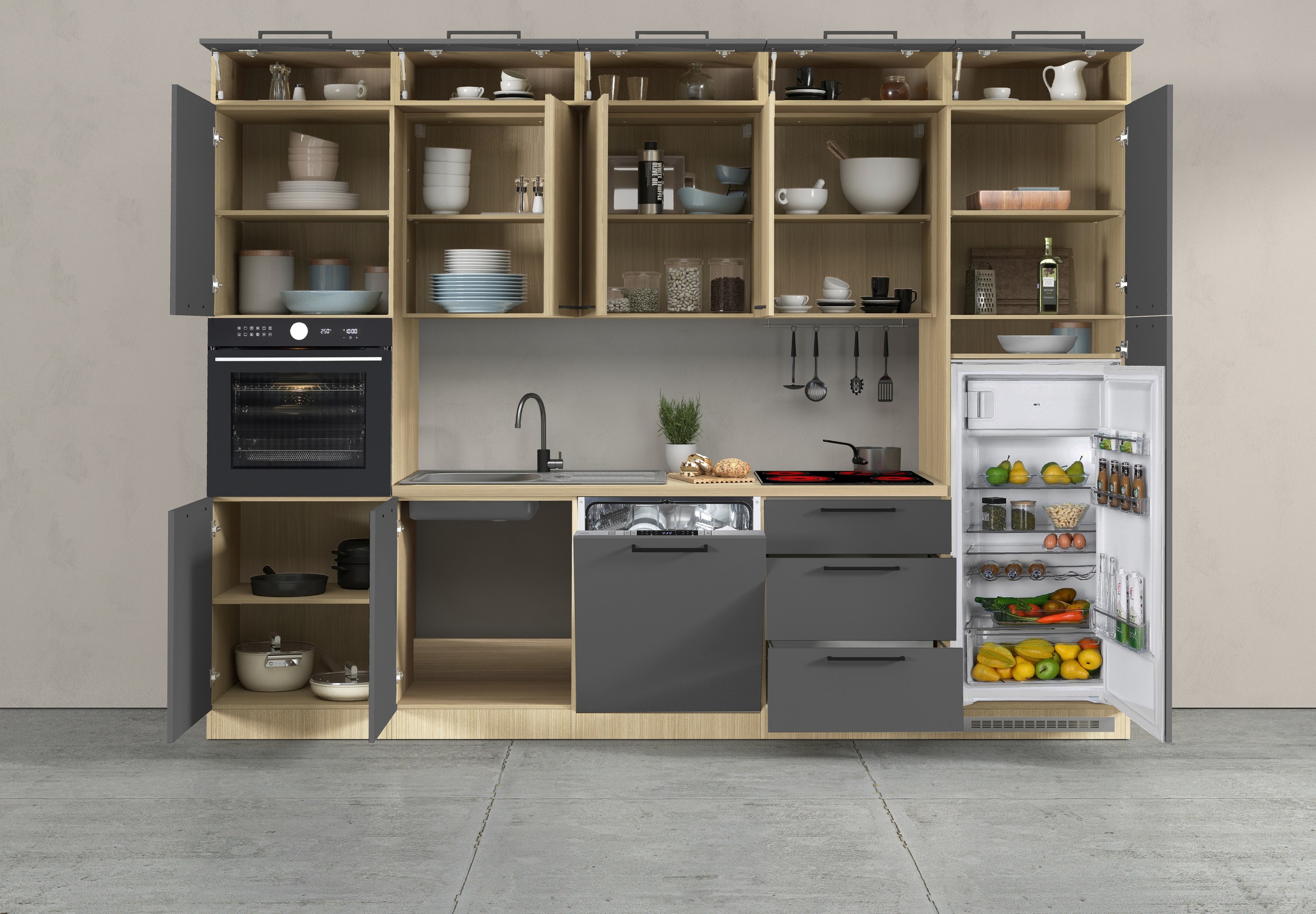 KOCHSTATION Küchenzeile »Luna, Einbauküche, Zeilenküche, mit Soft-Close Funktion, Made in Italy« Breite 300 cm ohne E-Geräte, mit Spüle+Siphon und Aufsatz
