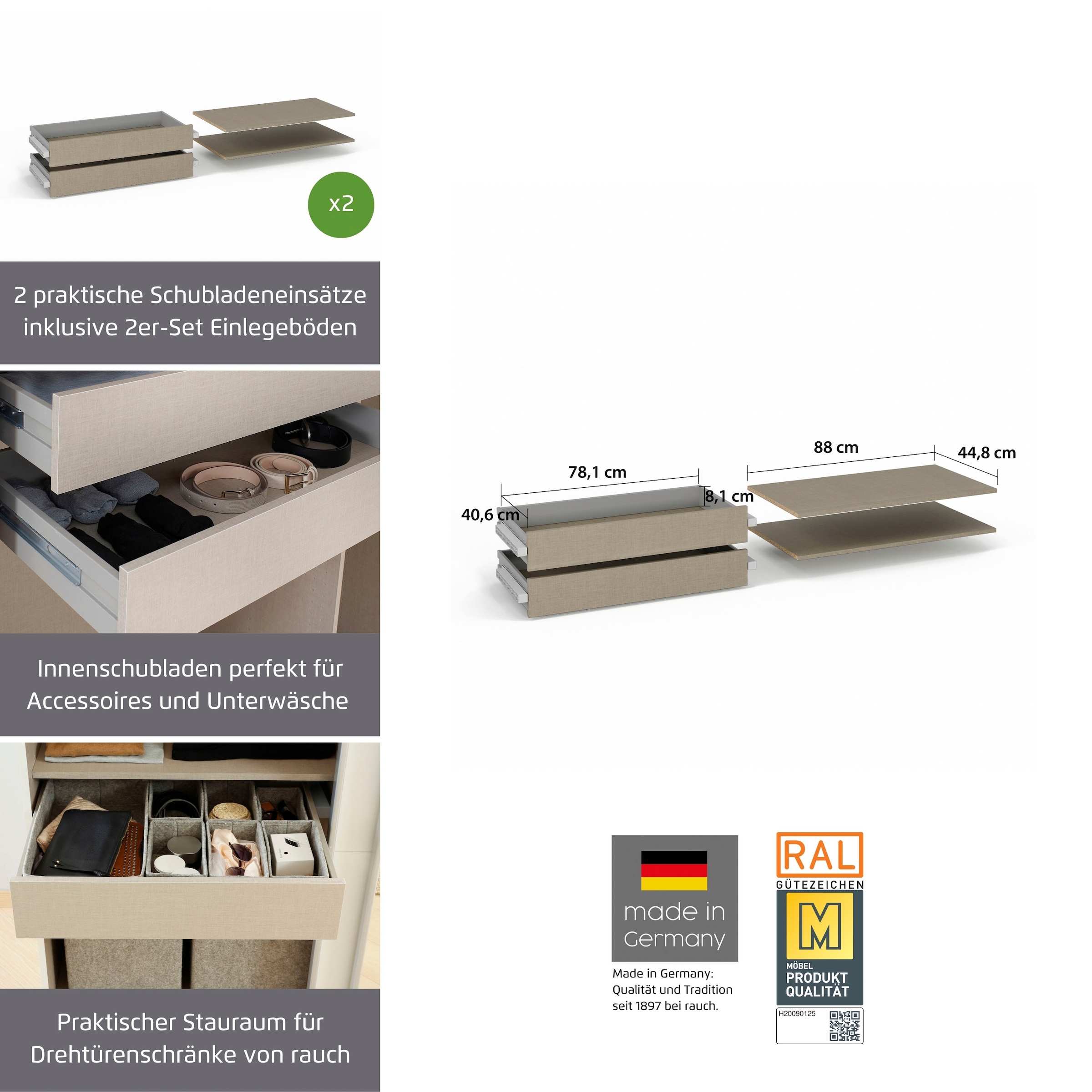 rauch Schubladeneinsatz 2 Schubladeneinsätze mit 2 Fachböden 88 cm für Drehtürenschränke