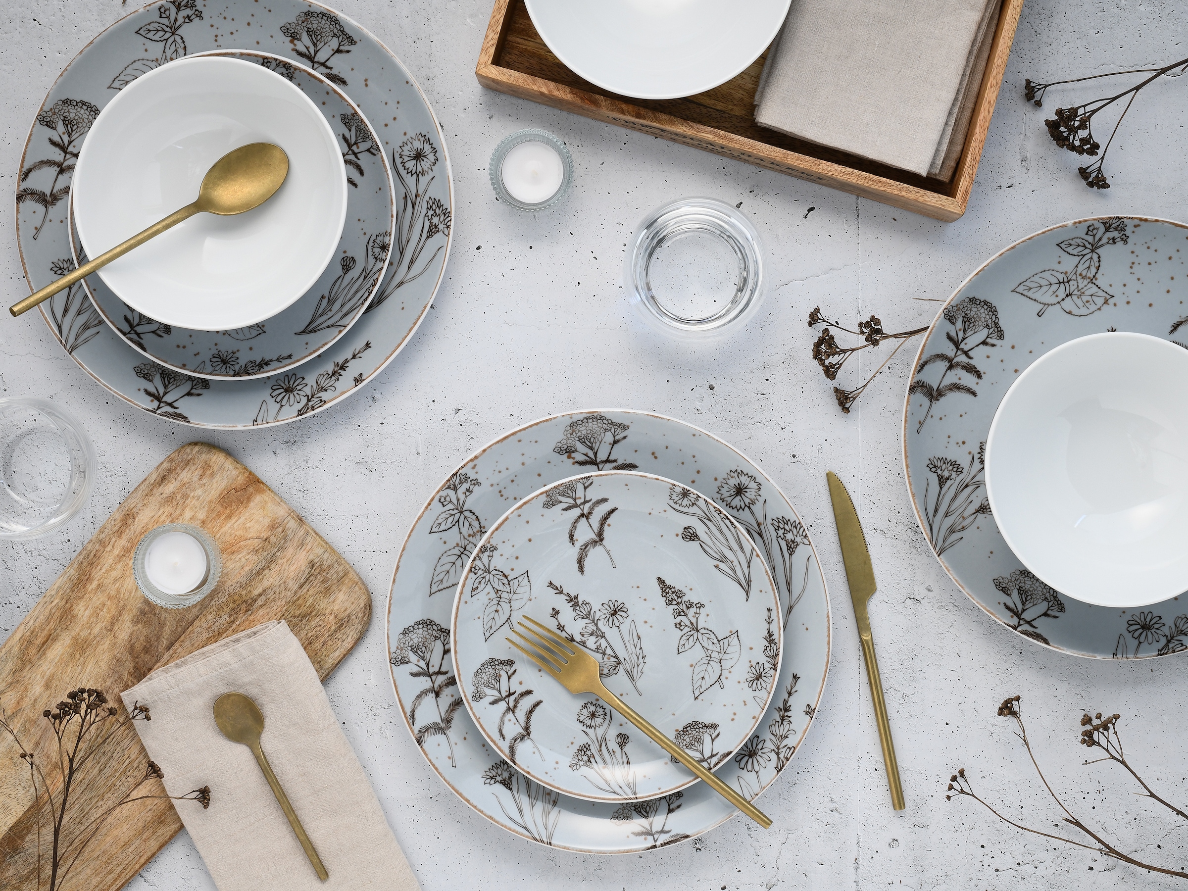 CreaTable Kombiservice »Geschirr-Set Vintage Flowers«, (Set, 16 tlg., Kaffeeservice und Tafelservice im Set, für 4 Personen), Service, Dekor mit Blüten und Gräsern, 16 Teile, für 4 Personen