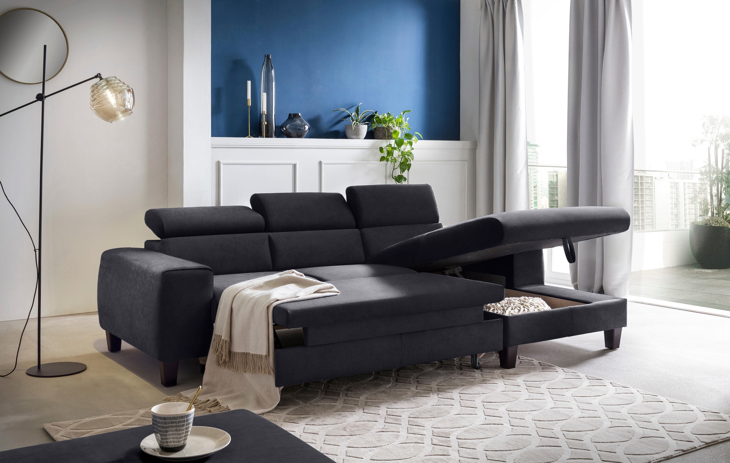 COTTA Ecksofa »Morven L-Form mit Kopfteilverstellung«, wahlweise mit Bettfunktion, Bettkasten & Wireless-Charger