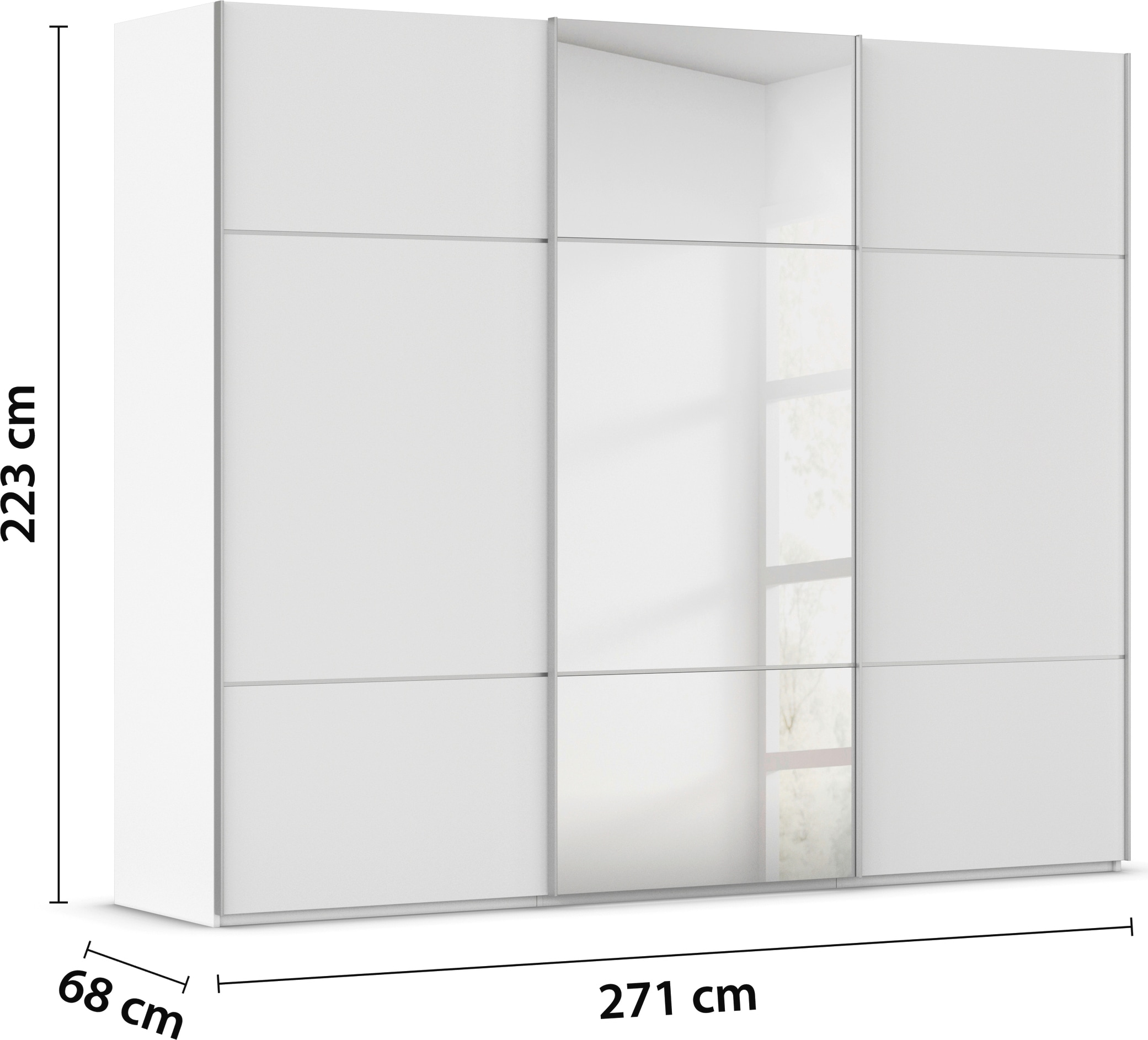 rauch Schwebetürenschrank »Kleiderschrank Schrank Garderobe Schlafzimmerschrank SCALE-TRIO«, edle dreigeteilte Front mit 2 Zierleisten und Spiegel MADE IN GERMANY