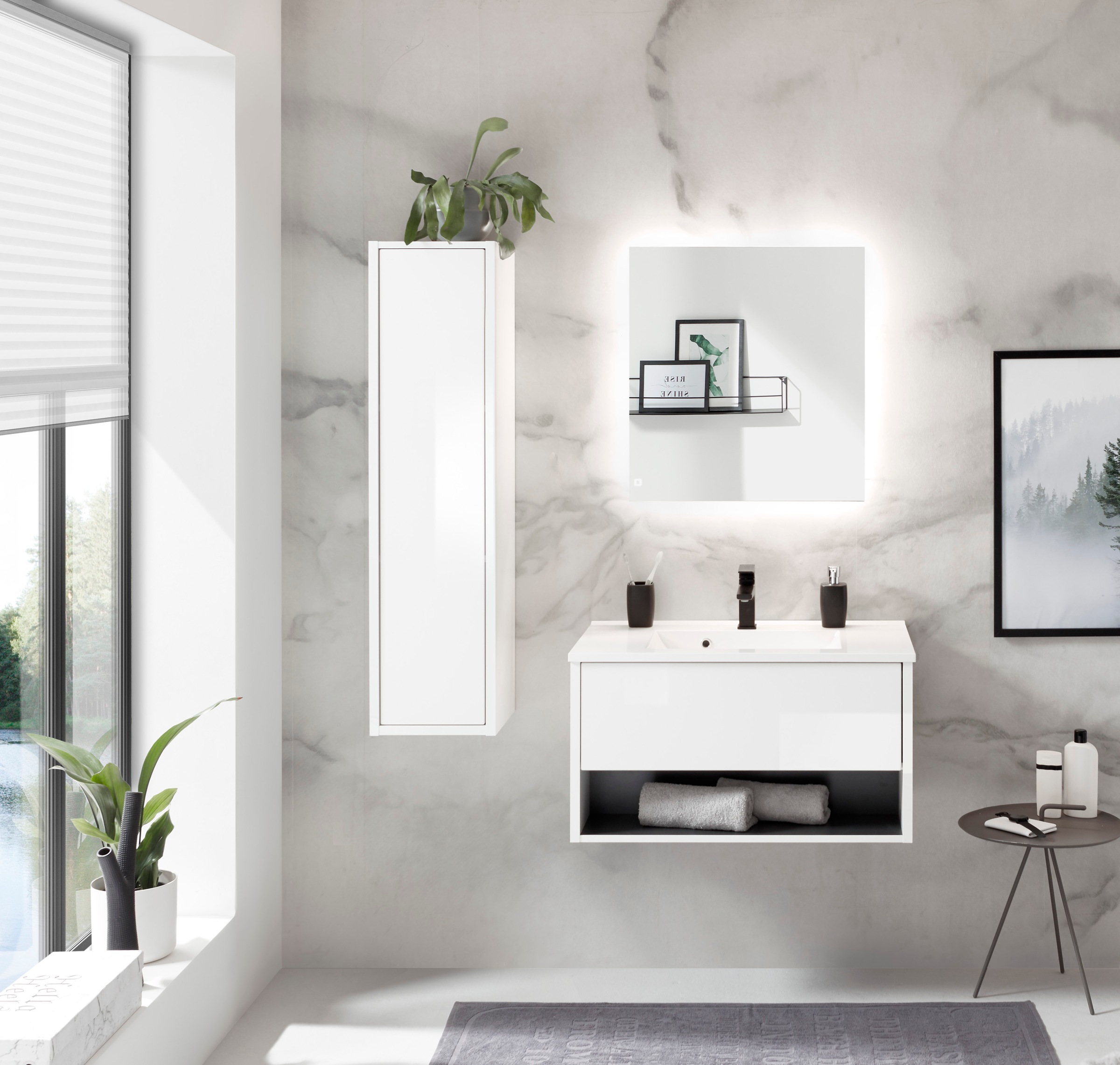 Places of Style Badmöbel-Set »Studio Line, Bad im modernen Design, 3-teiliges Badezimmer«, (3 St.), Schrank, Waschtisch und Spiegel, in zwei Farben verfügbar, Stauraum
