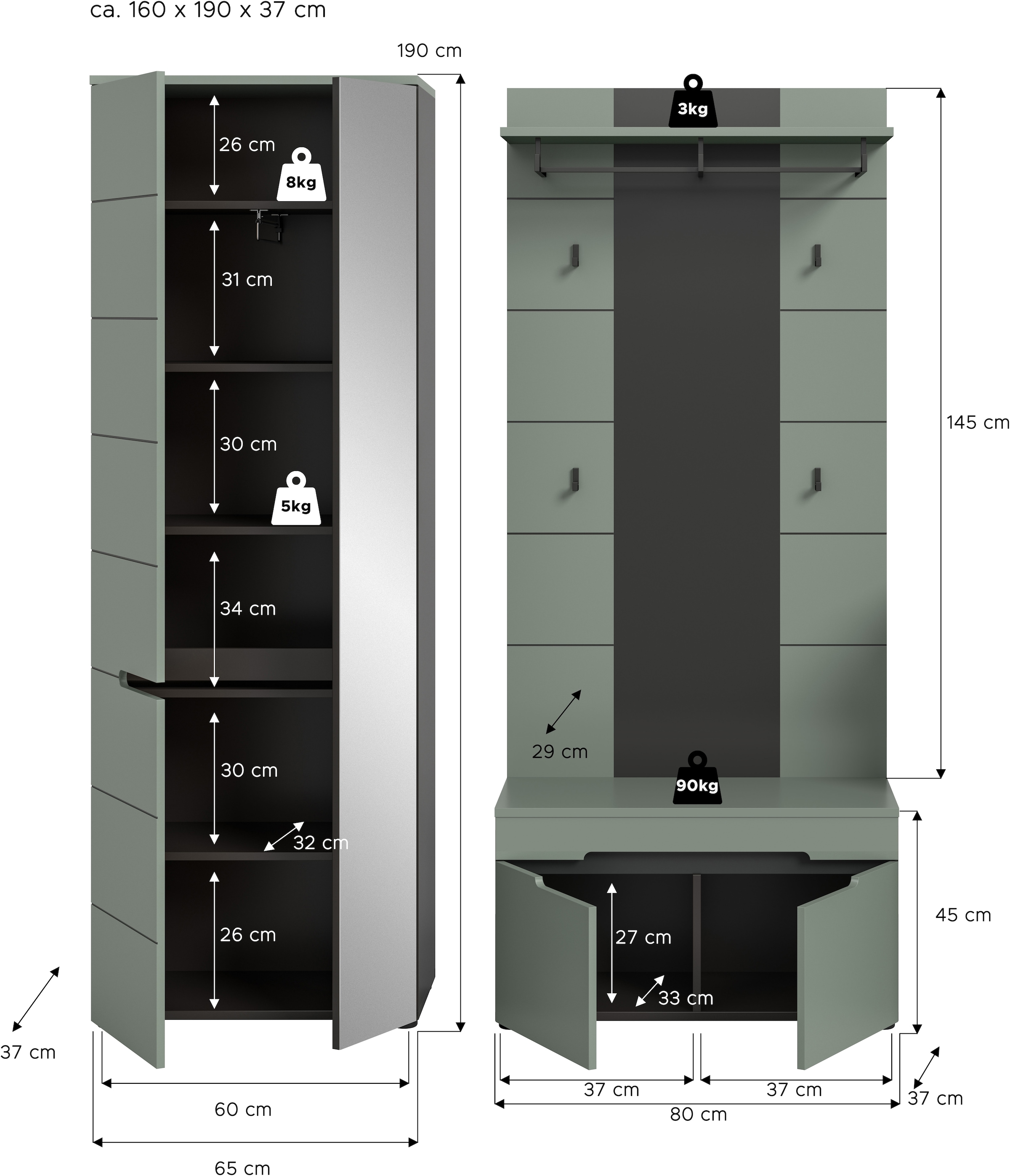 INOSIGN Garderoben-Set, (Set, 3 St.), Rehat, Garderoben-Set 3-tlg., Basalt grau NB/Smoke Green NB, Flur