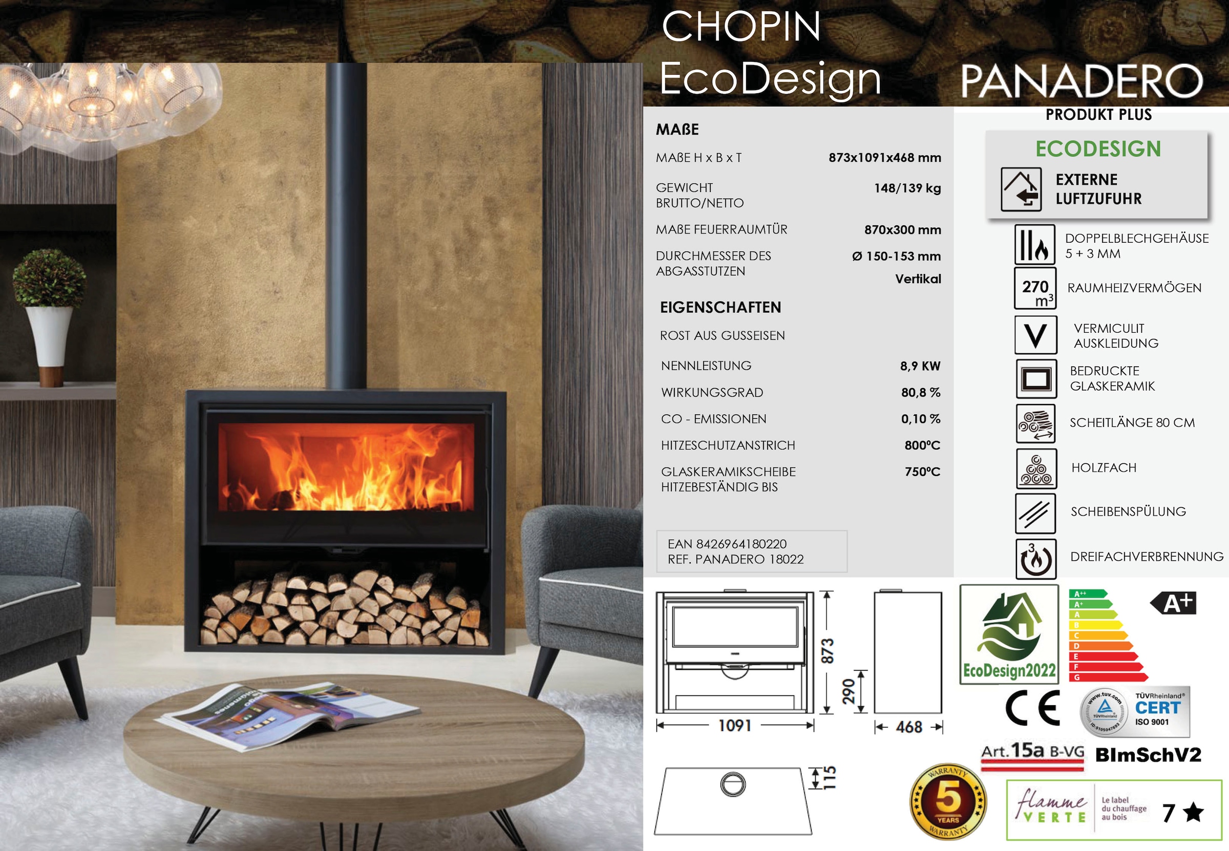 Panadero Kaminofen »Kaminofen Chopin bestellen tlg.) (1 Ecodesign«, online