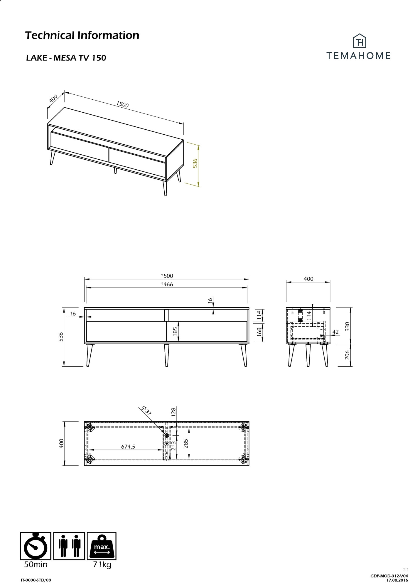TemaHome TV-Bank »Lake Tv-Tisch, Lowboard, Fernsehtisch, TV-Schrank,«, mit 2 Schubladen, Holzfüsse, B: 150 cm