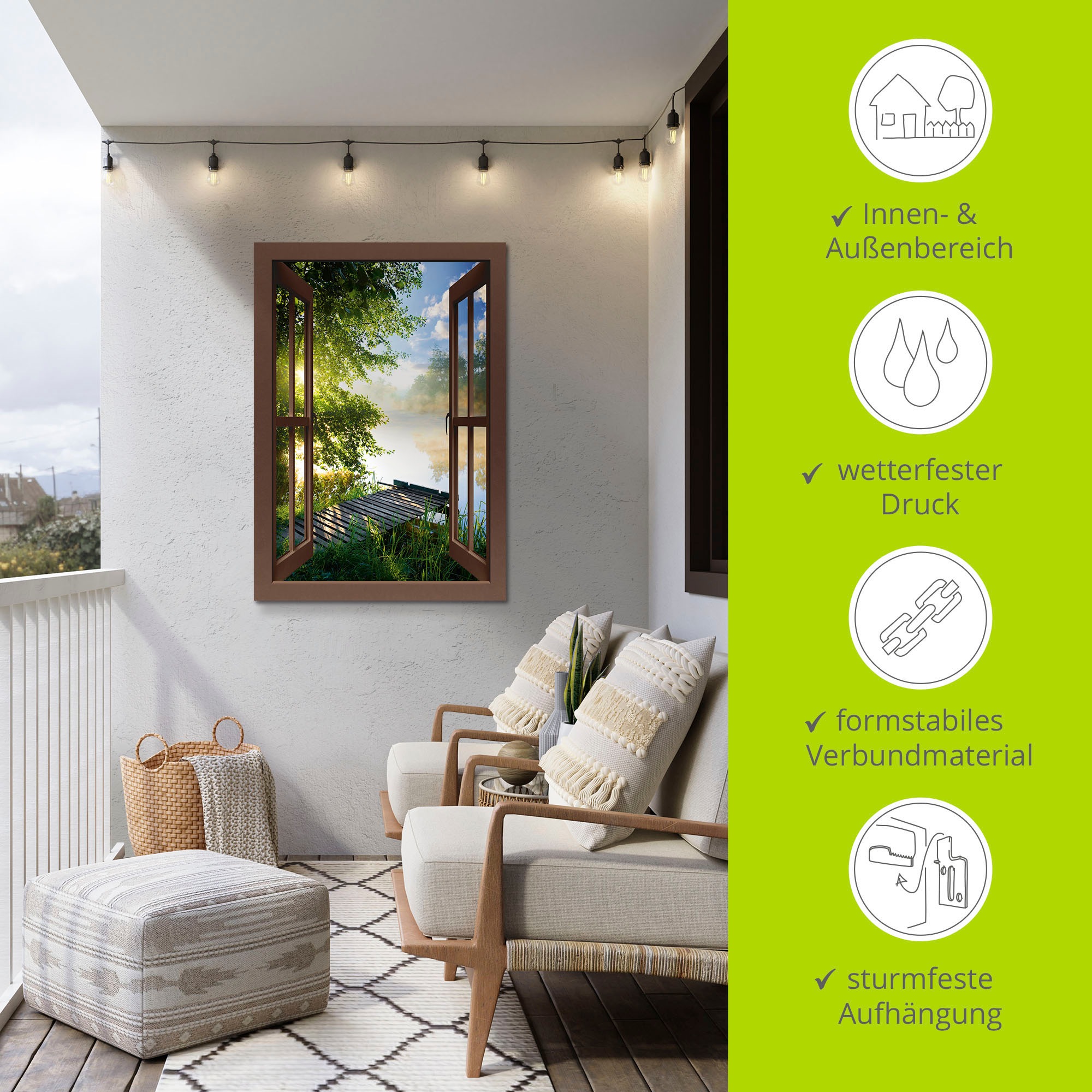 Artland Wandbild »Fensterblick Angelsteg am Fluss«, Fensterblick, (1 St.), als Alubild, Outdoorbild, Leinwandbild, Poster, Wandaufkleber