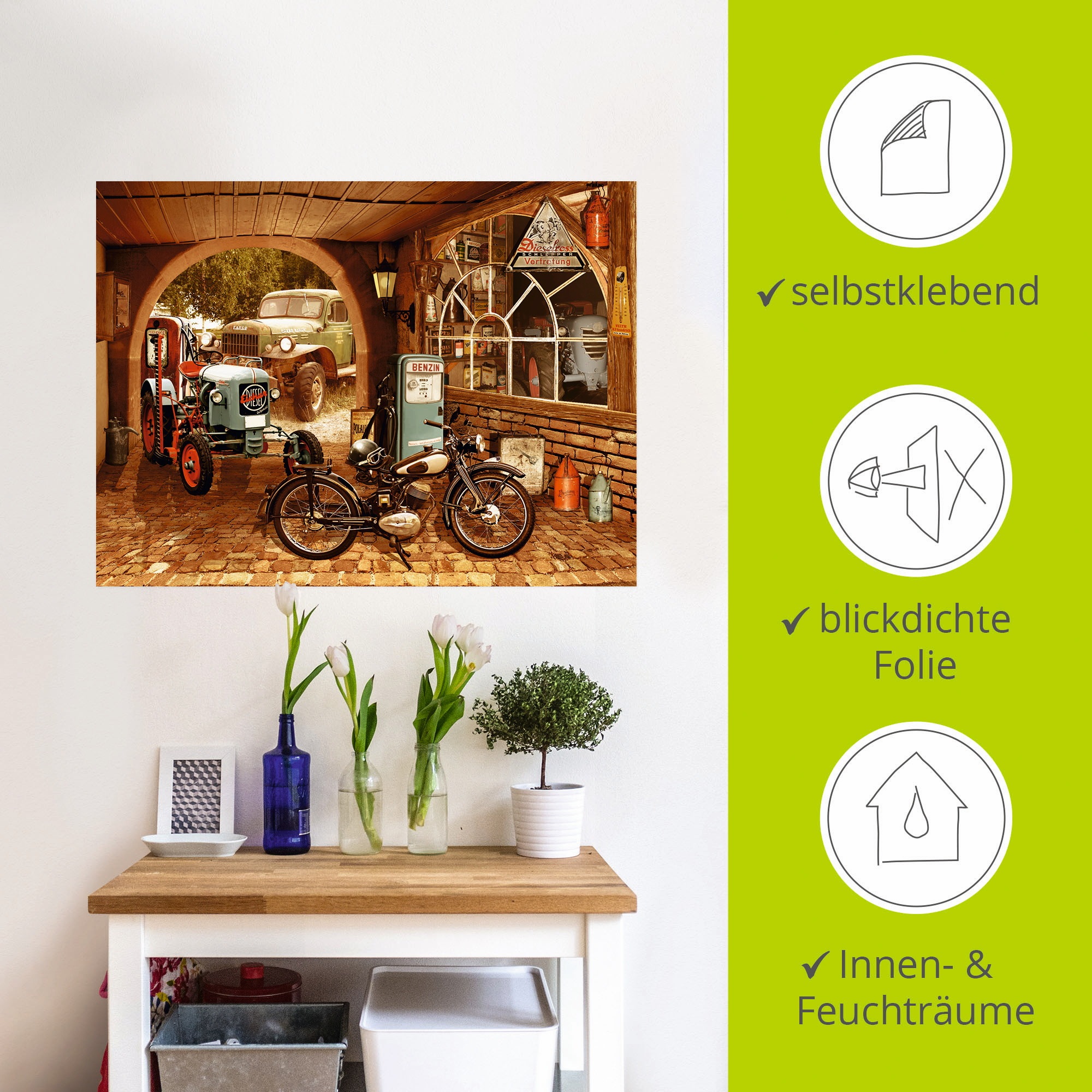 Artland Wandbild »Werkstatt mit Traktor und Motorrad«, Traktoren, (1 St.), als Alubild, Outdoorbild, Leinwandbild, Wandaufkleber, versch. Größen