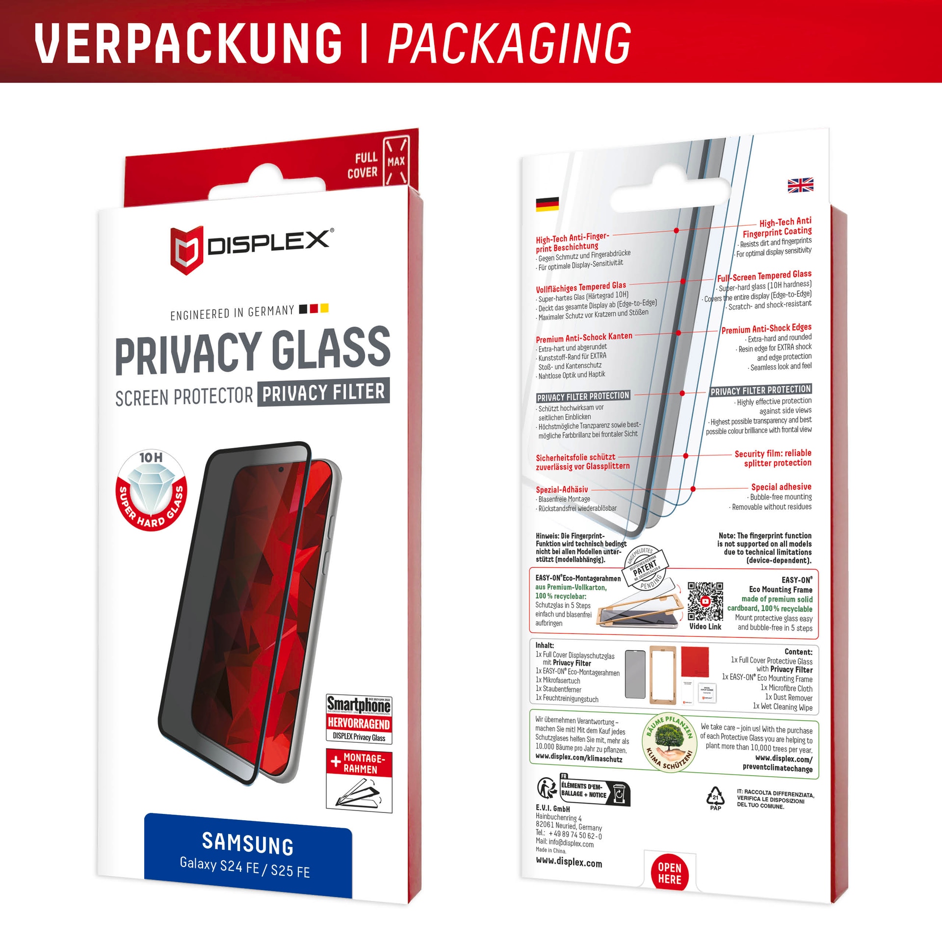 Displex Displayschutzglas »Privacy Glass Screen Protector« für Samsung Galaxy S24 FE;Samsung Galaxy S25 FE Blickschutzfolie, Schutzfolie, Bildschirmschutz, kratz- & stoßfest