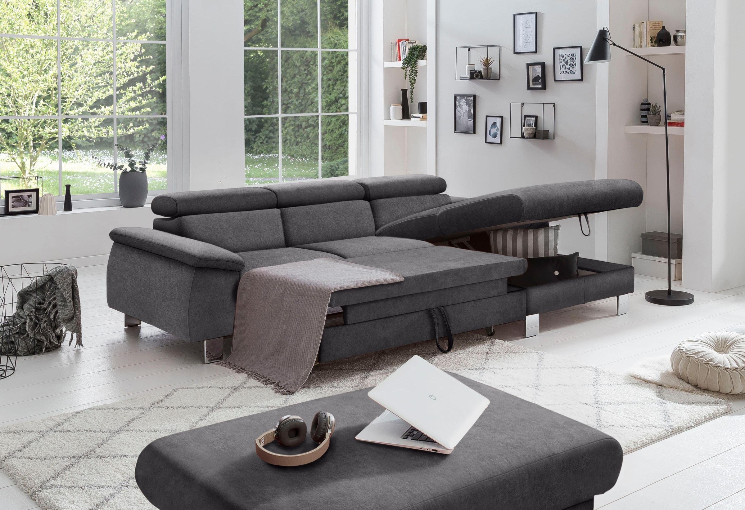 COTTA Ecksofa Komaris, Ecksofa, wahlweise mit RGB-LED-Beleuchtung und Bettfunktion/Bettkasten