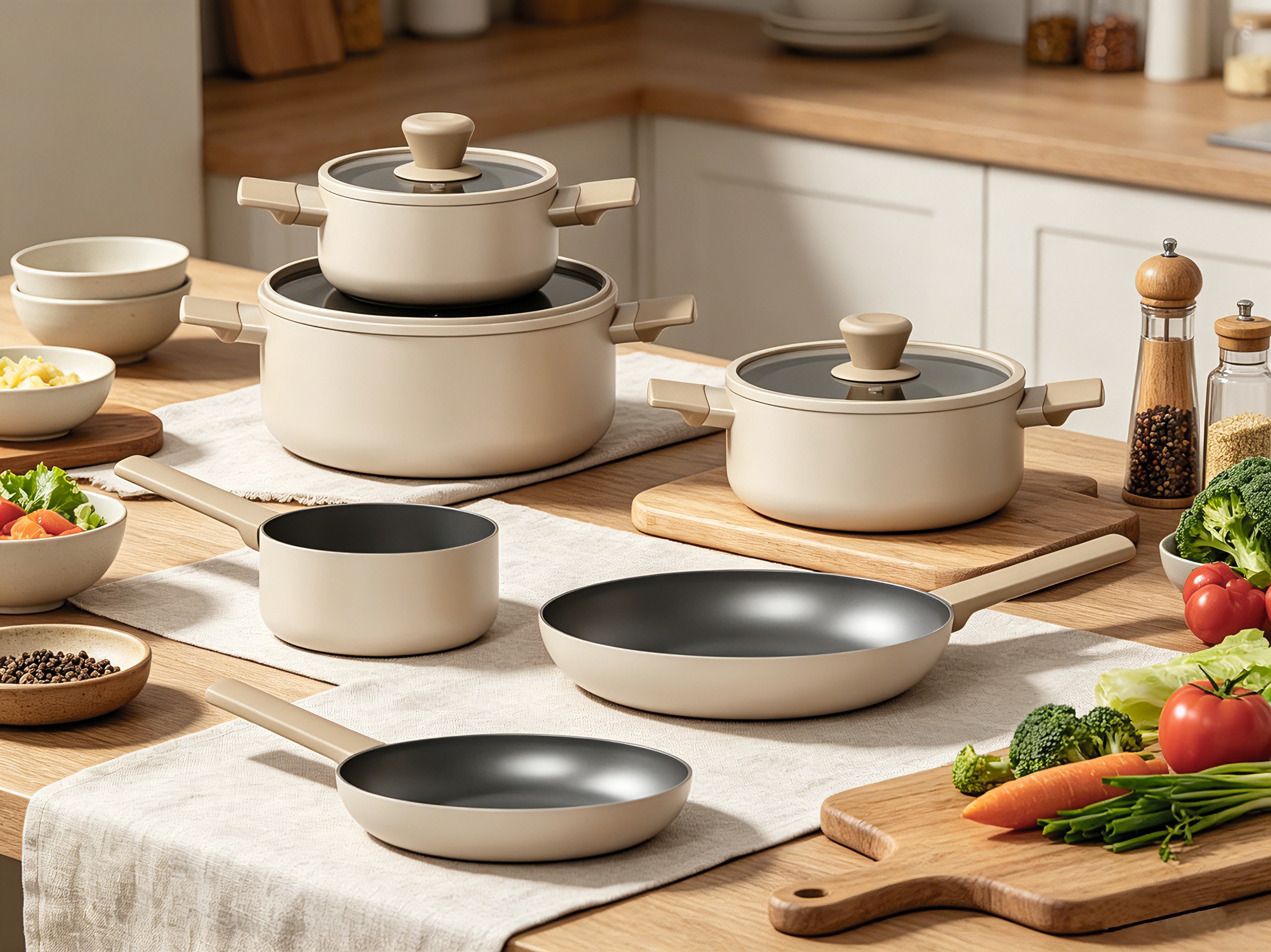 Hanseatic Topf-Set »ALU SCANDI, mit Antihaftbeschichtung« Set, Stielkasserolle 16 cm, Kochtopf 16/20/24 cm, Bratpfanne 24/28 cm, 9 tlg. Aluminium