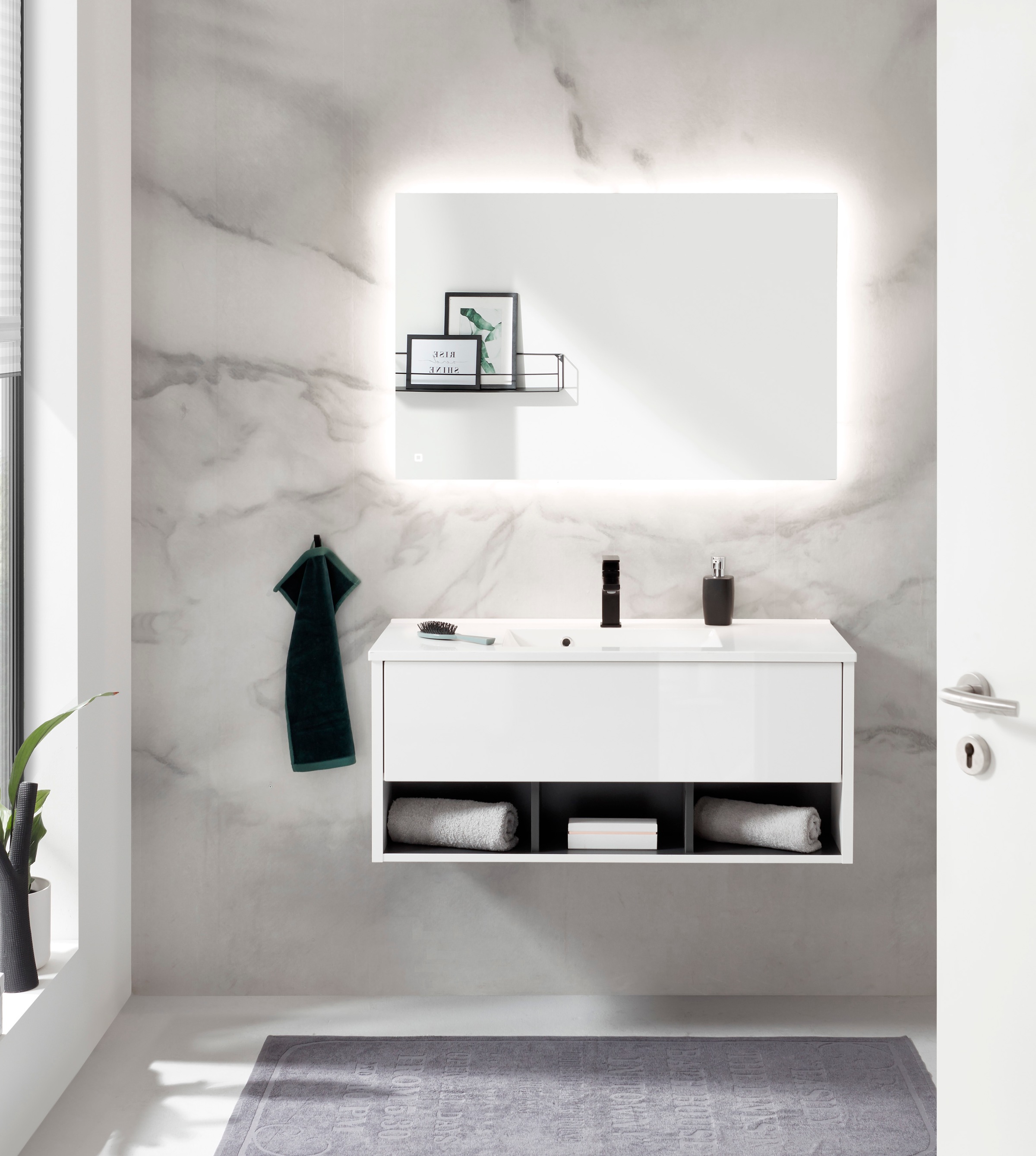 Places of Style Badmöbel-Set »Studio Line, Bad im modernen Design, 2-teiliges Badezimmer«, (2 St.), Waschtisch und Spiegel, in zwei Farben verfügbar, viel Stauraum