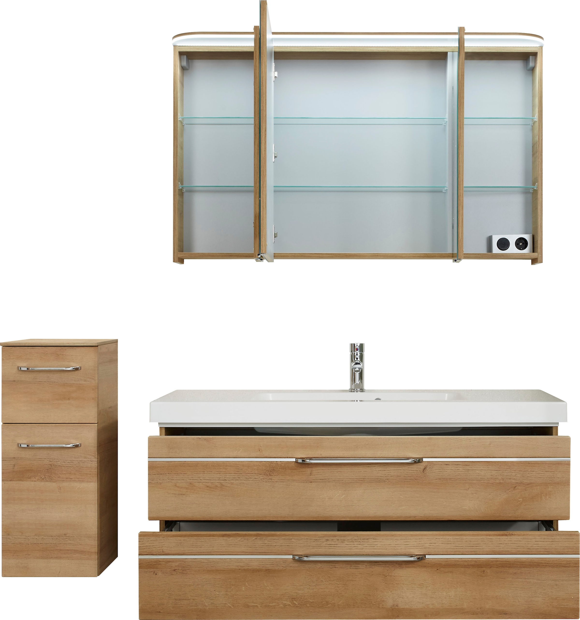 Saphir Badmöbel-Set »Balto Sprint 3-teilig, Mineralmarmor-Waschtisch mit LED-Spiegelschrank«, (4 St.), Badezimmer Set mit Unterschrank inkl Türdämpfer, 3 Türen, 2 Schubladen