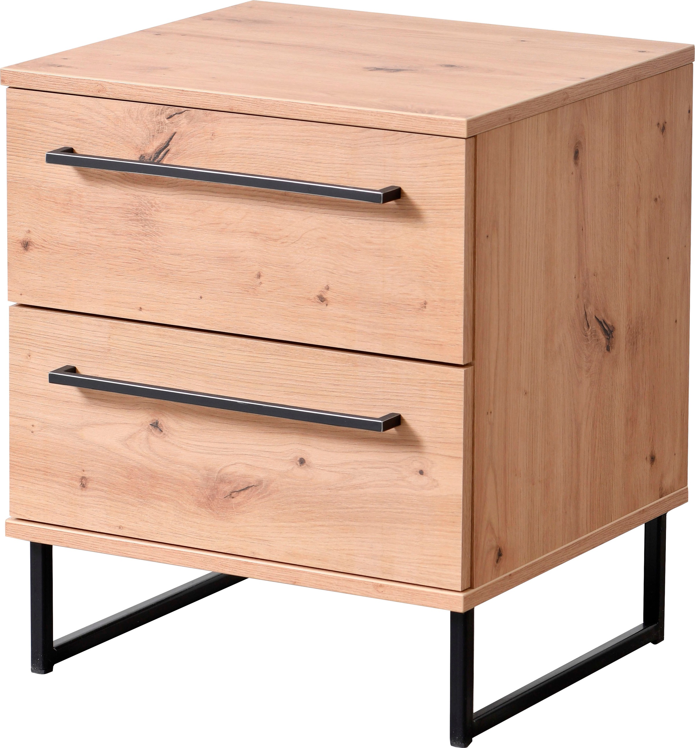 INOSIGN Nachtkommode »Sardinia, Nachtschrank, Maße (B/T/H): 45,5/35/54 cm«, (FSC-zertifizierter Holzwerkstoff), mit 2 Schubladen, Metallgriffe und Metallfüße in Kufenform