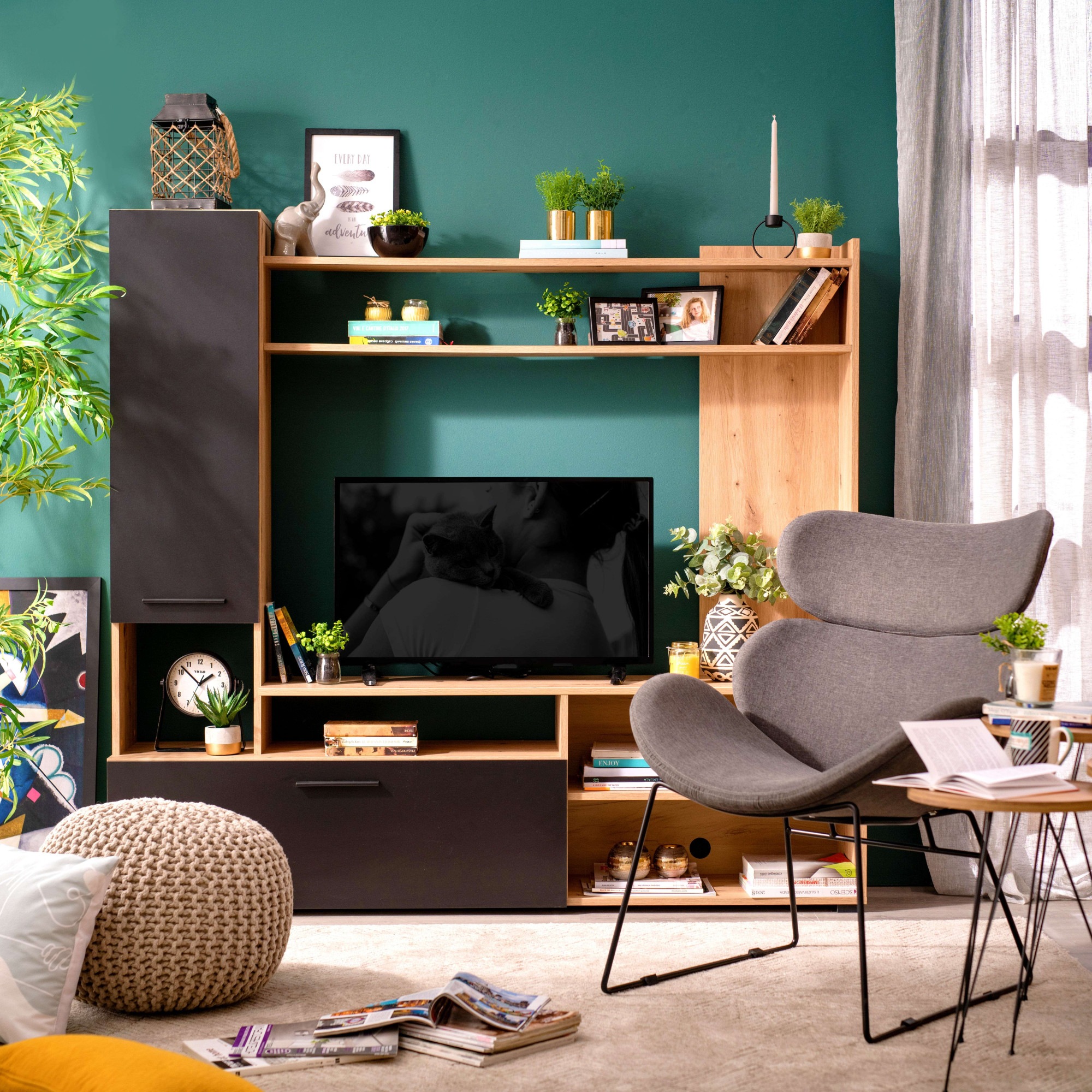 INOSIGN Wohnwand »Braga Wohnwand, Mediawand, Anbauwand, für TV bis 60', Breite 169 cm«, (Komplett-Set, 3 St.), Set besteht aus Standregal, TV-Board und Wandregal, in Artisan Eiche