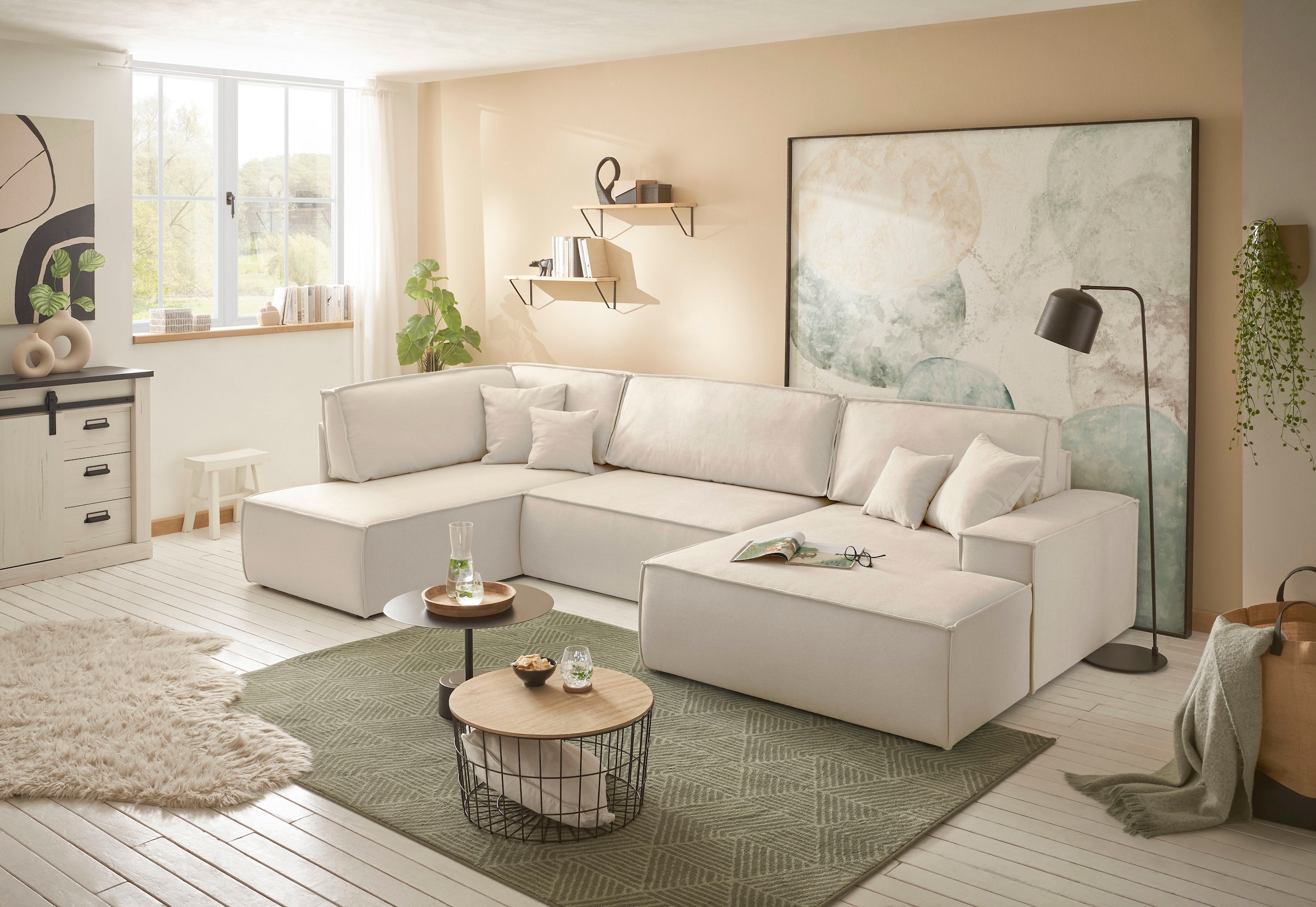 andas Wohnlandschaft »FINNLEY U-Form XXL 329 cm, Schlafsofa, Schlaffunktion m. Bettkasten«, (194/139 cm), Bouclé u. Struktur