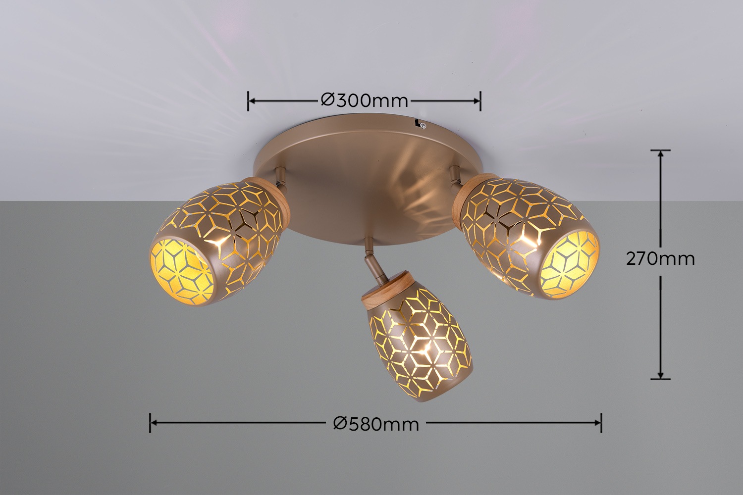 REALITY Leuchten Deckenleuchte »BIDAR, Deckenlampe mit 3 schwenkbaren Spots, exkl 3x E14 max 10W«, 3 flammig, Leuchtmittel E14 | Leuchtmittel wechselbar, Metall-Lampenschirm mit Lasercut Muster und Holz-Dekoelement Ø 58cm