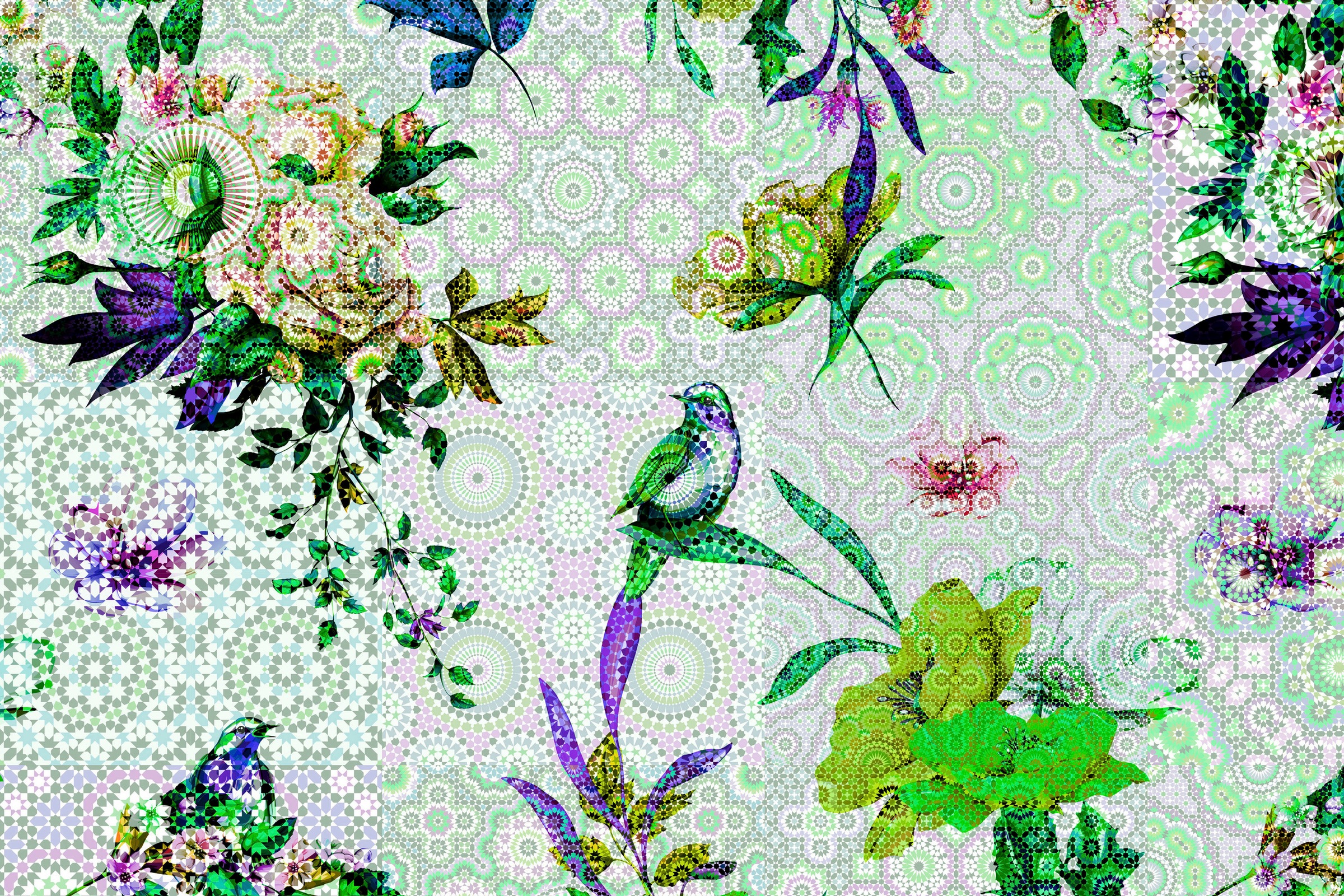 A.S. Création Leinwandbild »mosaic garden« Kunst | Vögel 1 Stk. tlg. Mosaik Keilrahmen Floral Blumen Vögel Leinwand-Bild Wohnzimmer modern