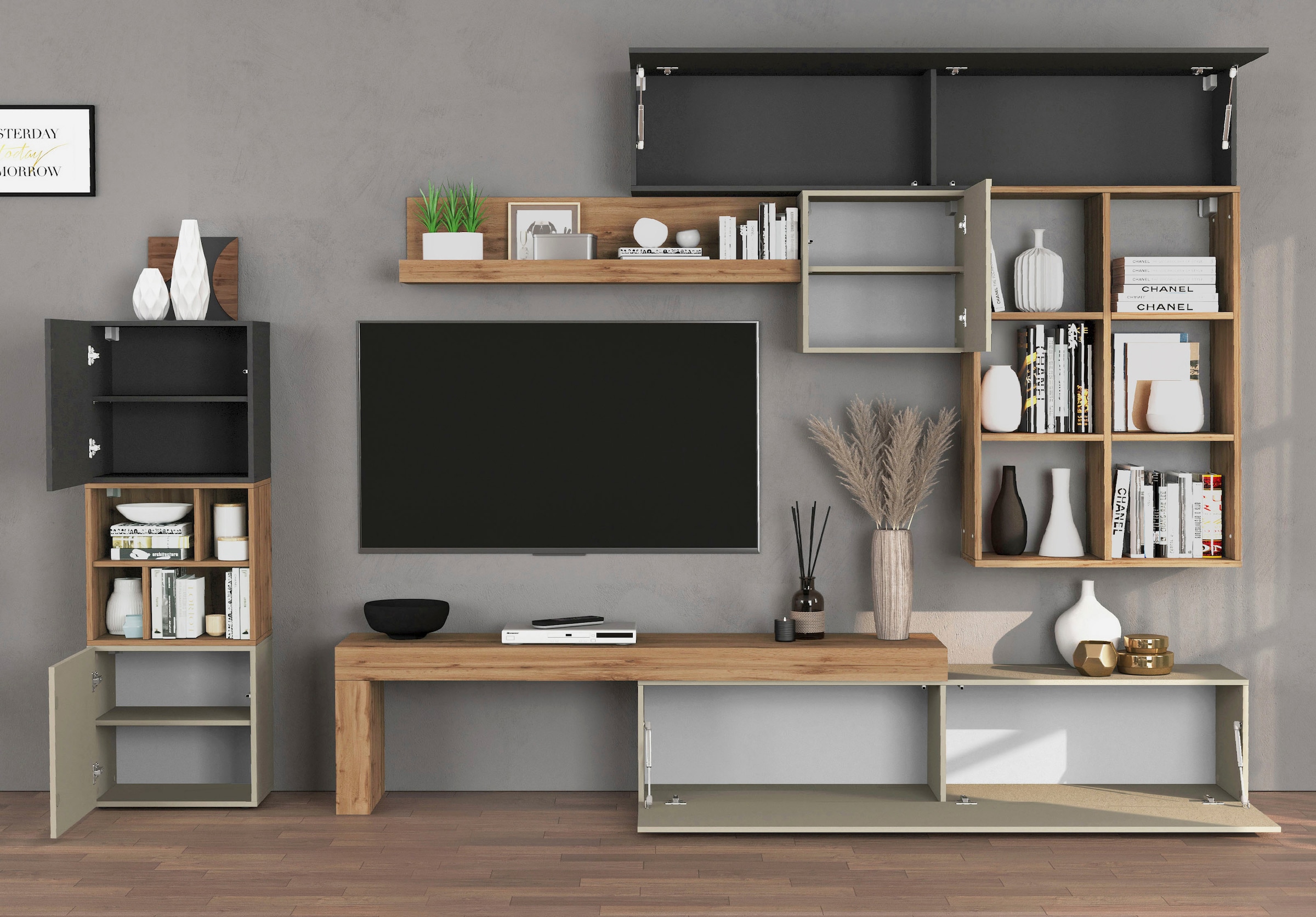 INOSIGN Wohnwand »Chronos Wohnwand, Medienwand, 8-er set«, (Set, 8 St.), ca. 320 cm mit Hängeschränke, Würfel, Regal, Lowboard, Made in Italy