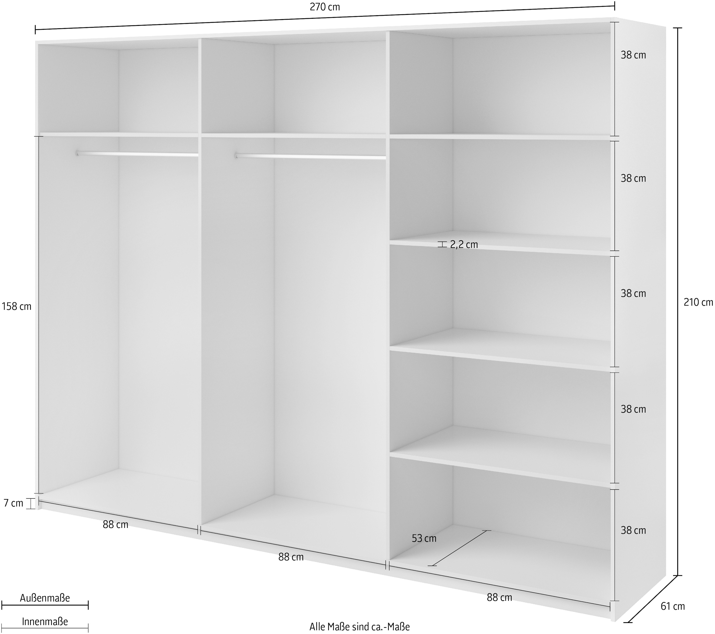 INOSIGN Schwebetürenschrank »Galaxy Kleiderschrank, Wäscheschrank 200, 220 oder 270cm breit«, INKLUSIVE kompletter Innenausstattung, Metallgriffe