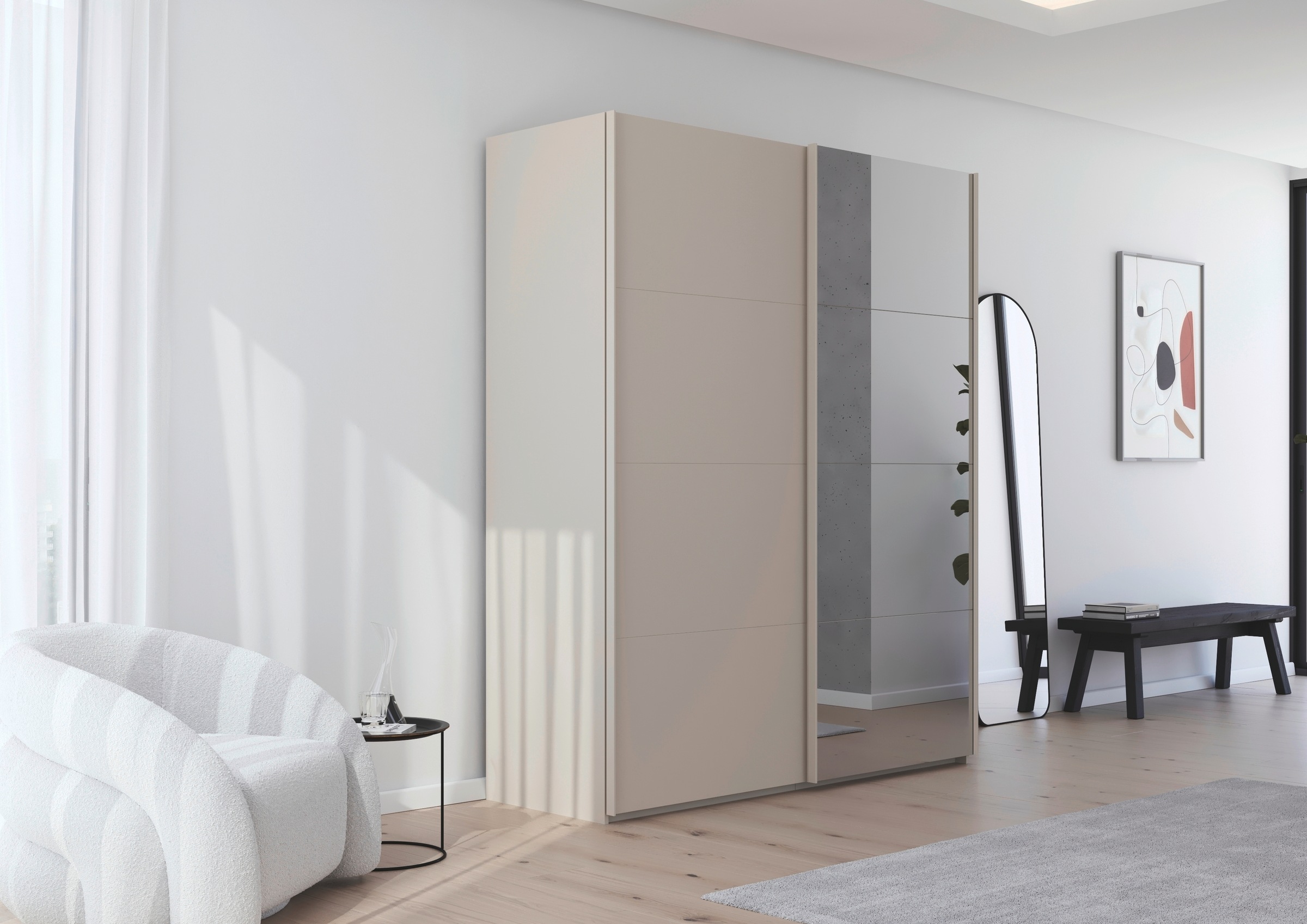 rauch Schwebetürenschrank »Kleiderschrank Schrank Garderobe Schlafzimmerschrank SCALE-FYRA«, edle viergeteilte Türen mit Spiegel und vielen Farben MADE IN GERMANY