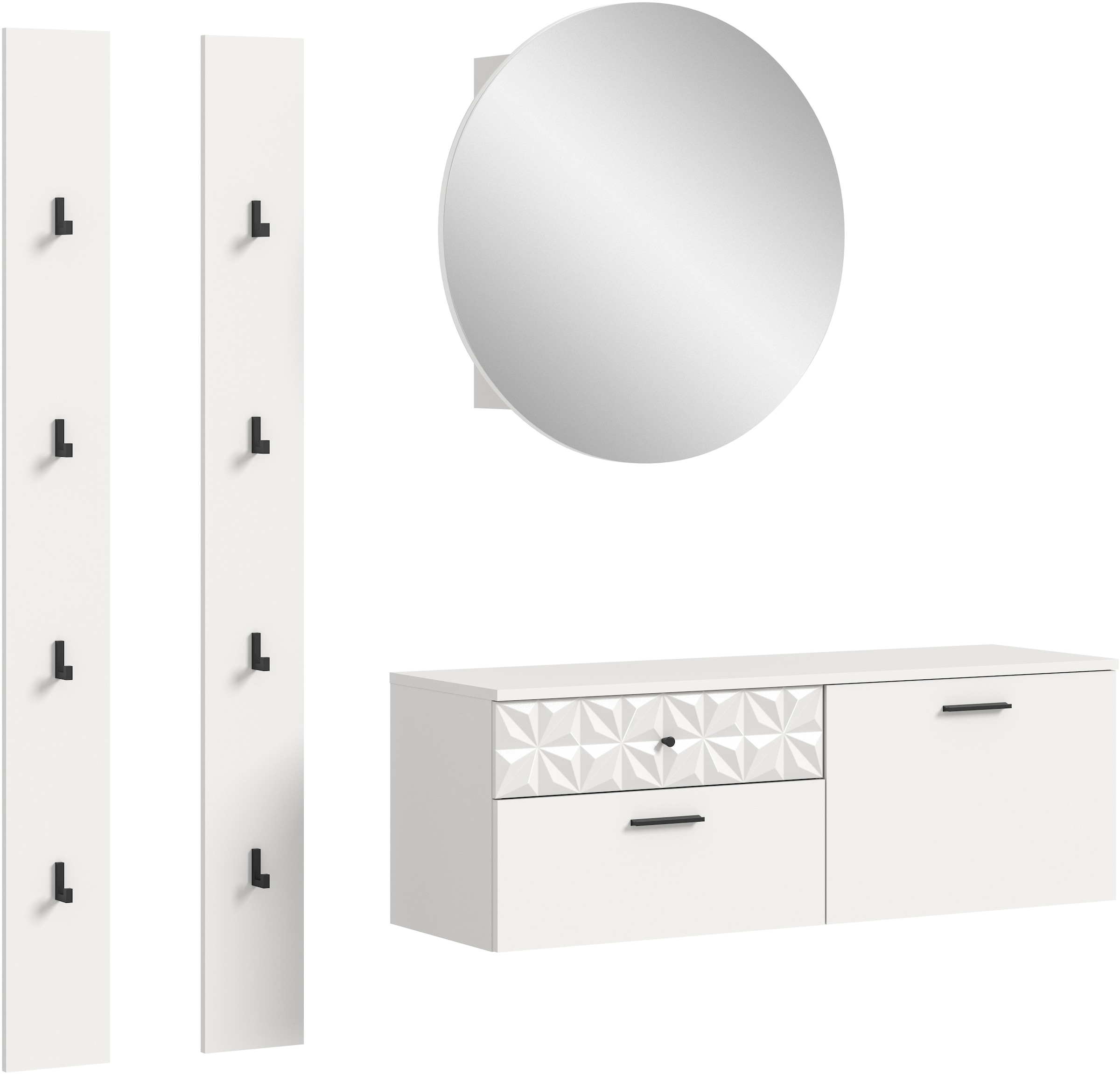 INOSIGN Garderoben-Set »VICENZA, 4-tlg., mit foraler Ornamentabsetzung in der Front«, (4 St.), best. aus.: Schuhschrank, Spiegelschrank und 2x Hakenpaneel