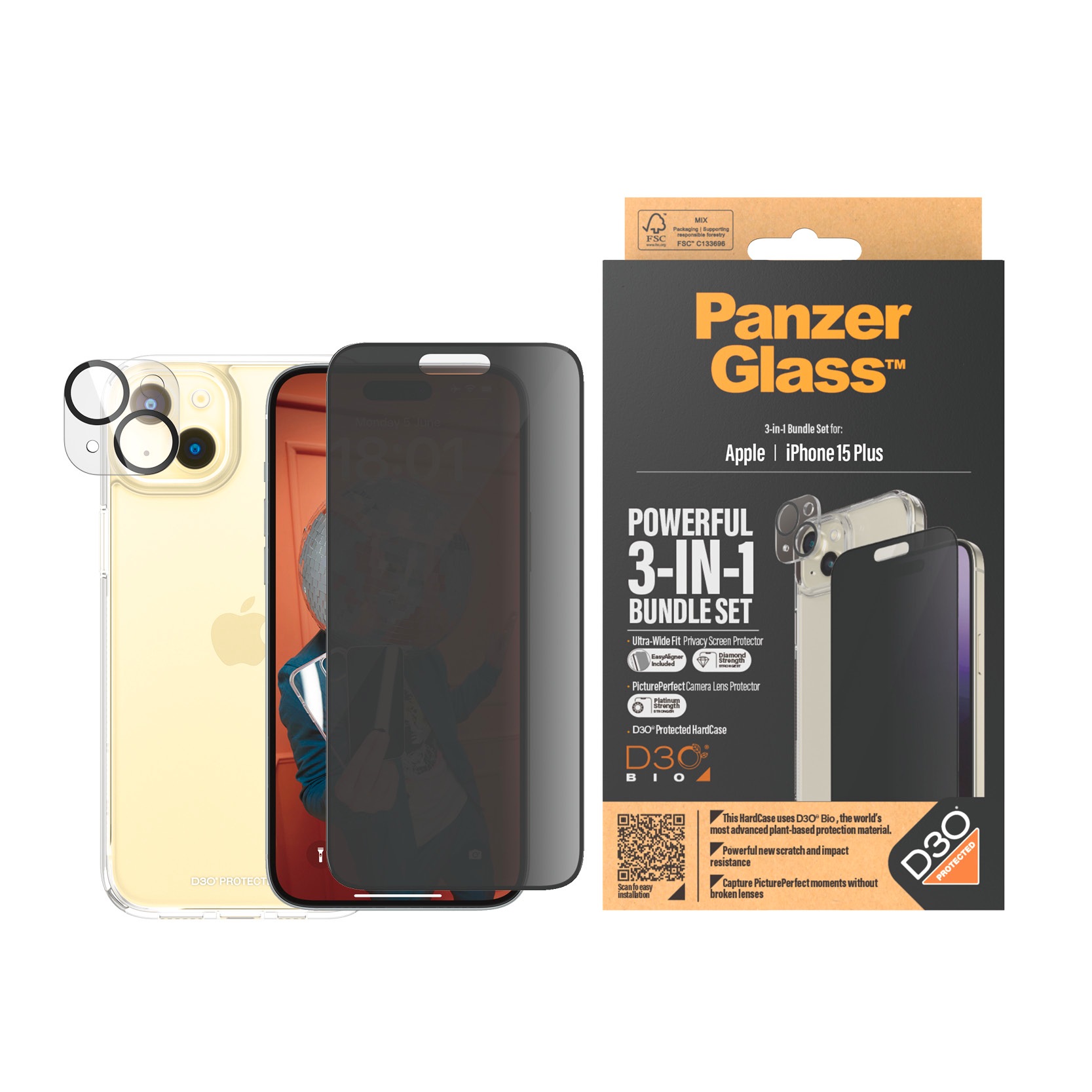 PanzerGlass Displayschutzglas »3-in-1-Privacy-Pack Privacy, Camera Protector und Cover«, für iPhone 15 Plus