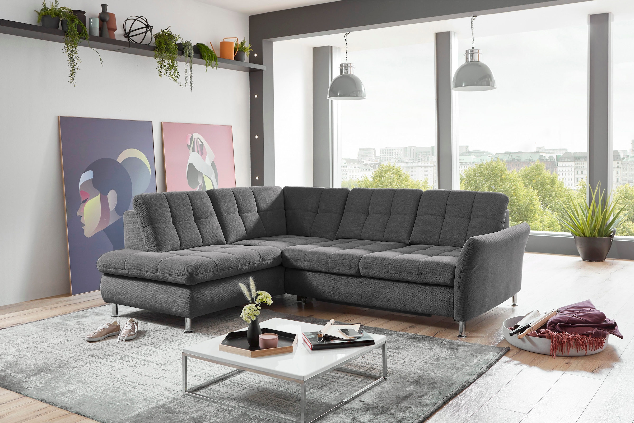 Die PlanBar Ecksofa »MP-IN20016 L-Form mit Federkern-Polsterung« wahlweise mit Kopfstützen und Bettfunktion