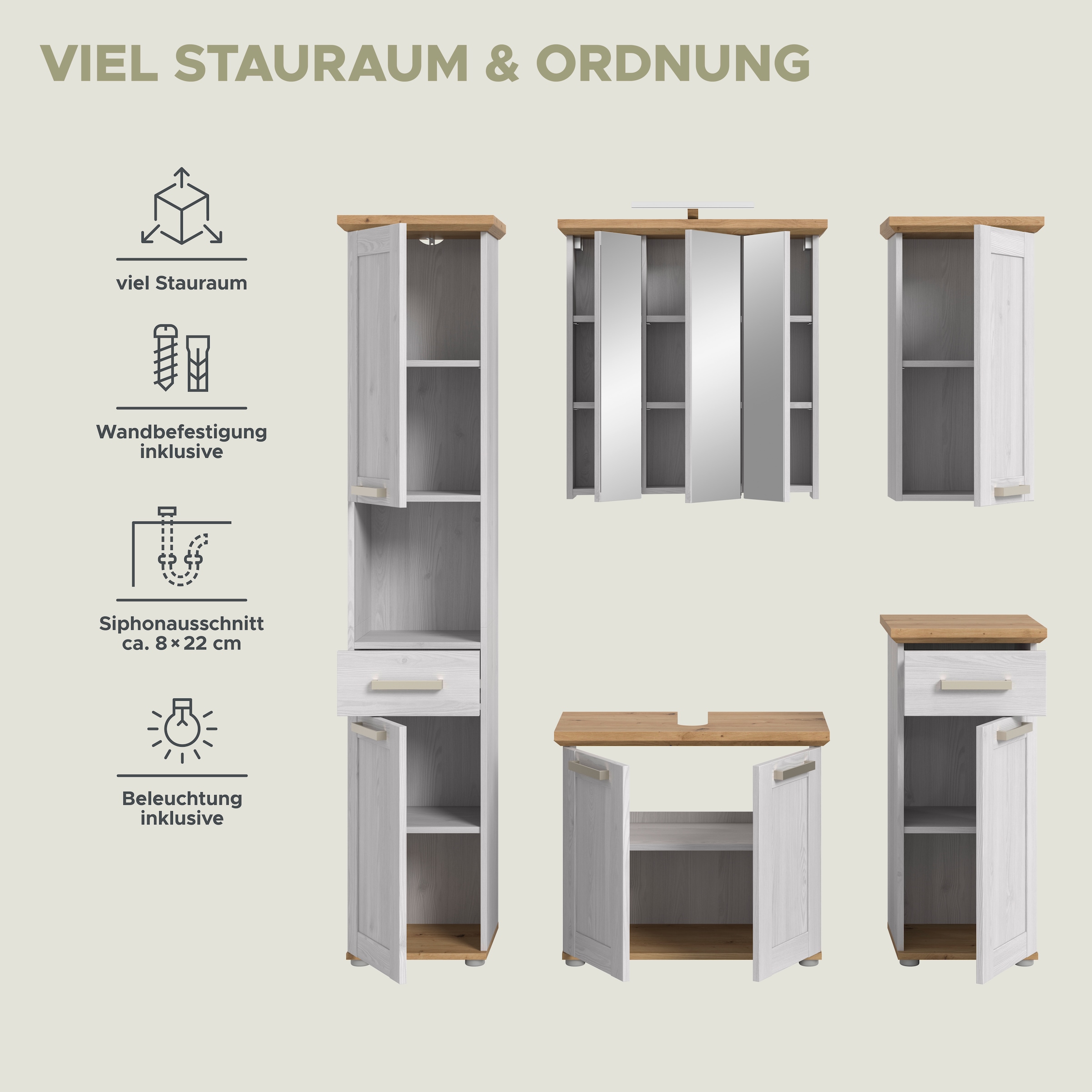welltime Badmöbel-Set »COSENZA, 5-teilig, inkl. Beleuchtung, mit farblich abgesetztem Kranz« best aus: Hochschrank, WBU, Spiegelschrank, Hängeschrank, Unterschrank, 6 Stk. tlg.