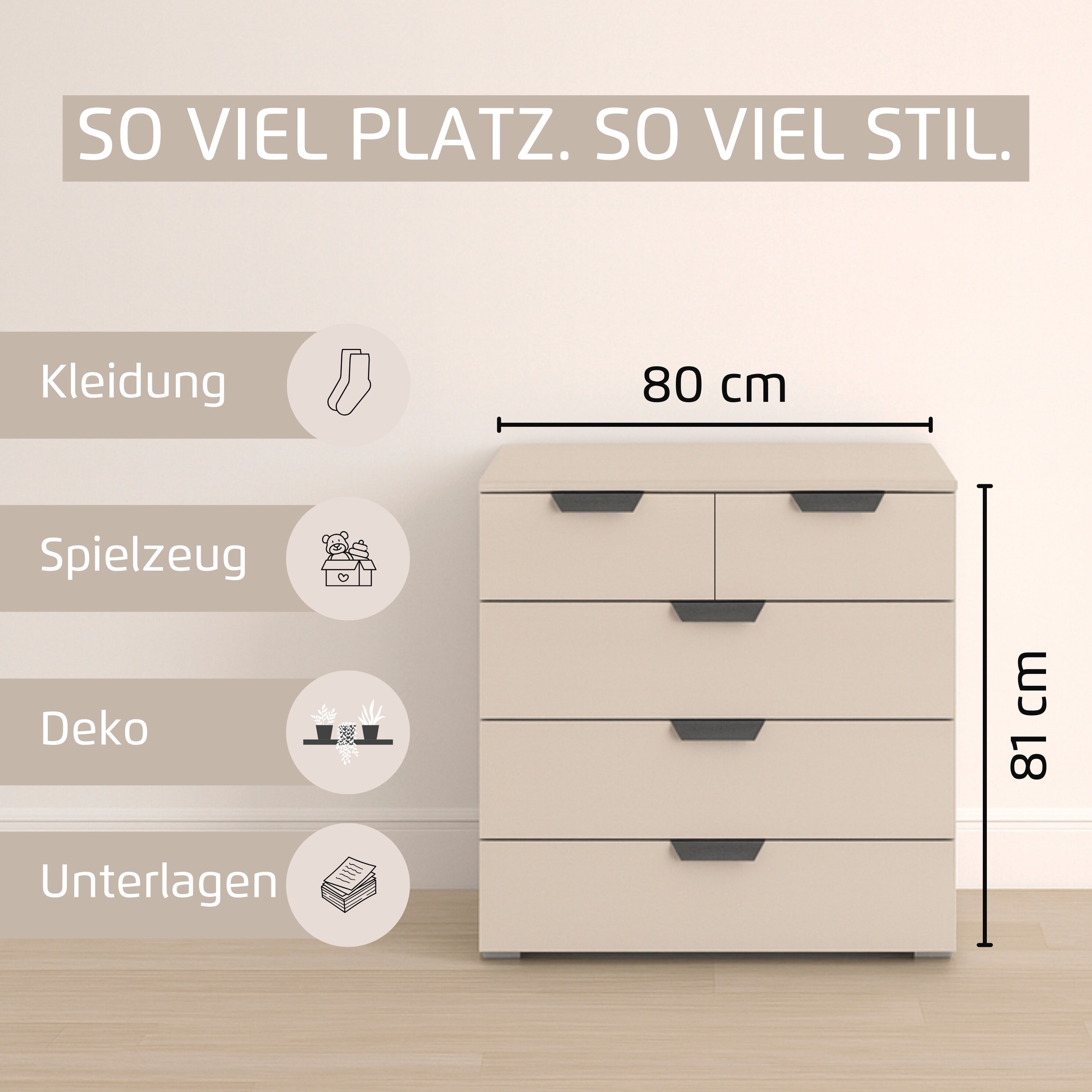 rauch Schubkastenkommode »Sideboard Schubladenkommode COSTA mit farblich passenden Metallgriffen« in 2 Griff-Farben, Breite 80 cm,  fünf praktische und geräumige Schubladen MADE IN GERMANY