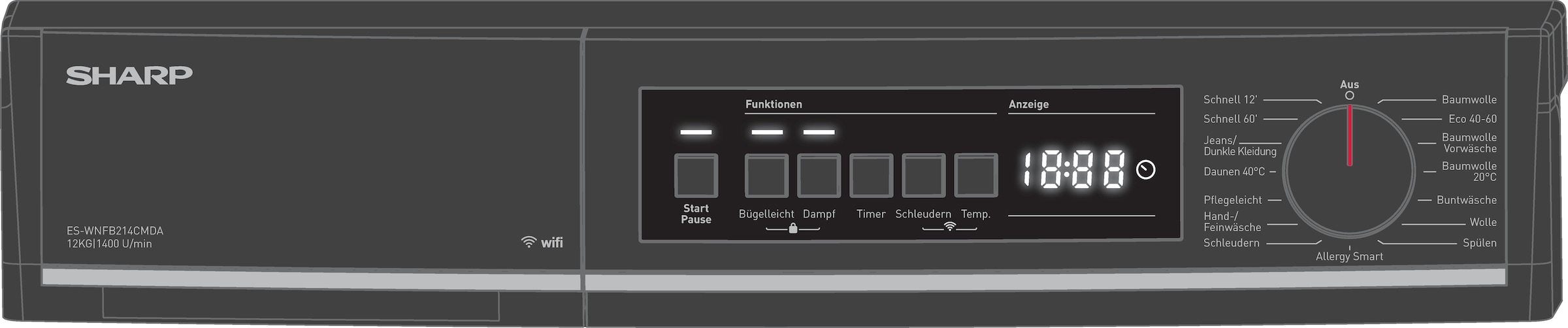 Sharp Waschmaschine Mid Class »ES-WNFB214CMDA-DE« 12 kg 1400 U/min 12kg / +WIFI / A-20% / black Doorring+knob/Steam/
Mat Black